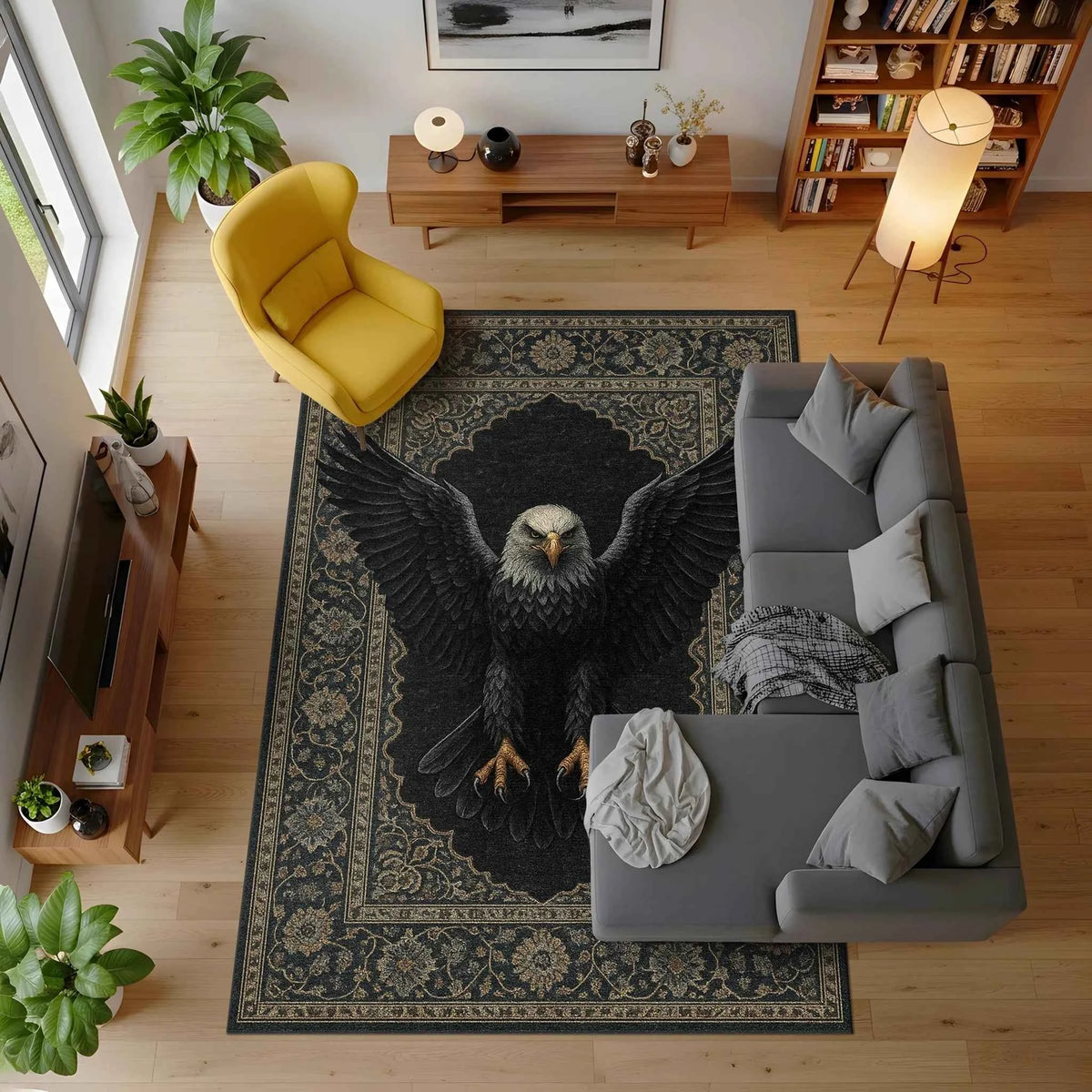 Shadow Eagle Gerçekçi Kartal Figürlü ve Antik Bordürlü Lüks Halı