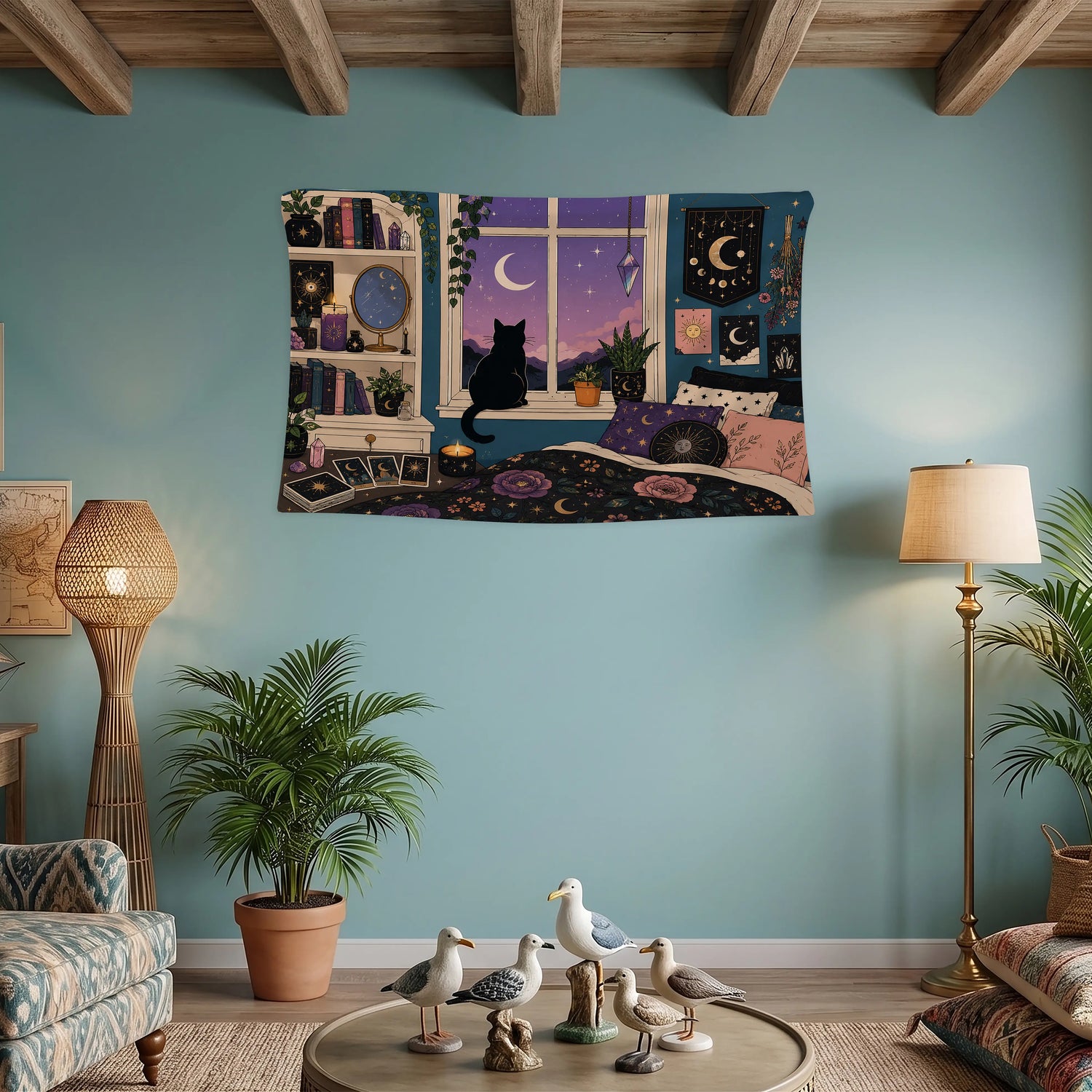 Kedi Duvar Örtüsü - Siyah Kedi Mistik Gece Odası Tarot ve Kristal Tasarım