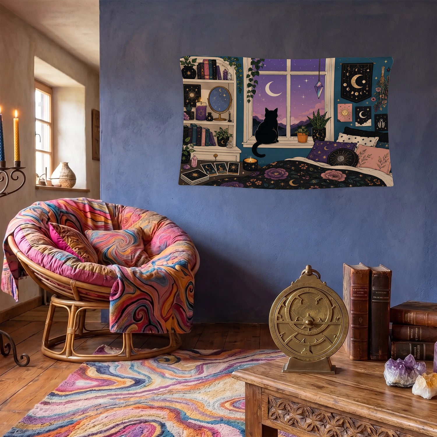 Kedi Duvar Örtüsü - Siyah Kedi Mistik Gece Odası Tarot ve Kristal Tasarım