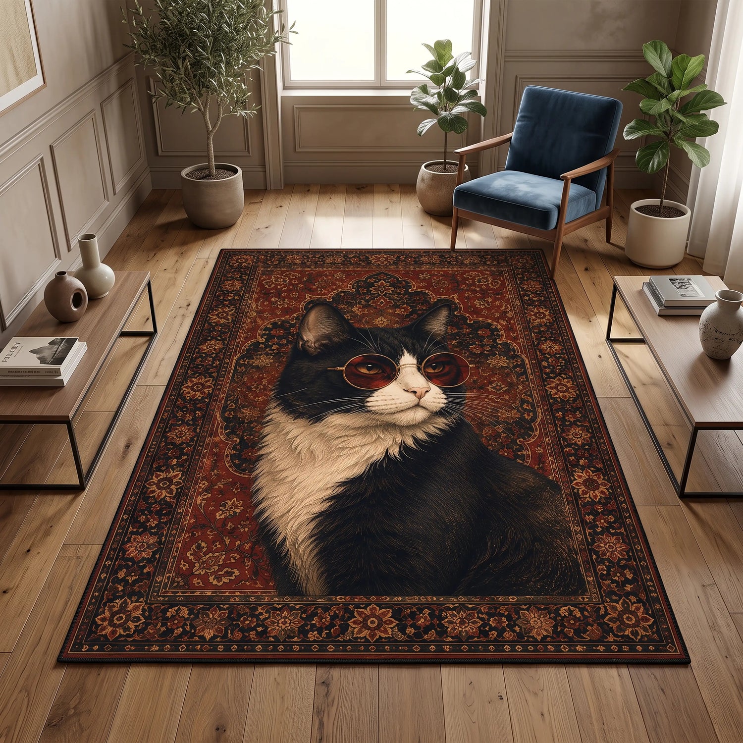 Kedi Portre Halı – Pers Bordürlü Gözlüklü Kedi Vintage Sanat Desenli