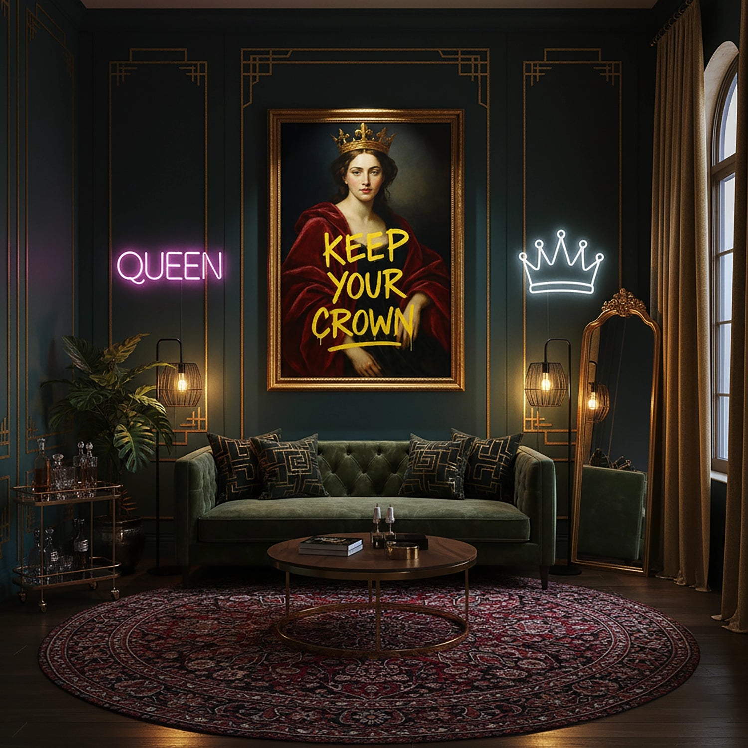 Çerçevesiz kanvas tablo, altın taçlı klasik kadın portresi ve KEEP YOUR CROWN tipografisiyle tasarlanmış ilham verici ve lüks bir duvar dekoru sunar. Yüksek çözünürlüklü baskı kalitesine sahip FabricUp dijital baskı, estetik, premium ve modern dekorasyon için ideal bir sanat eseridir.