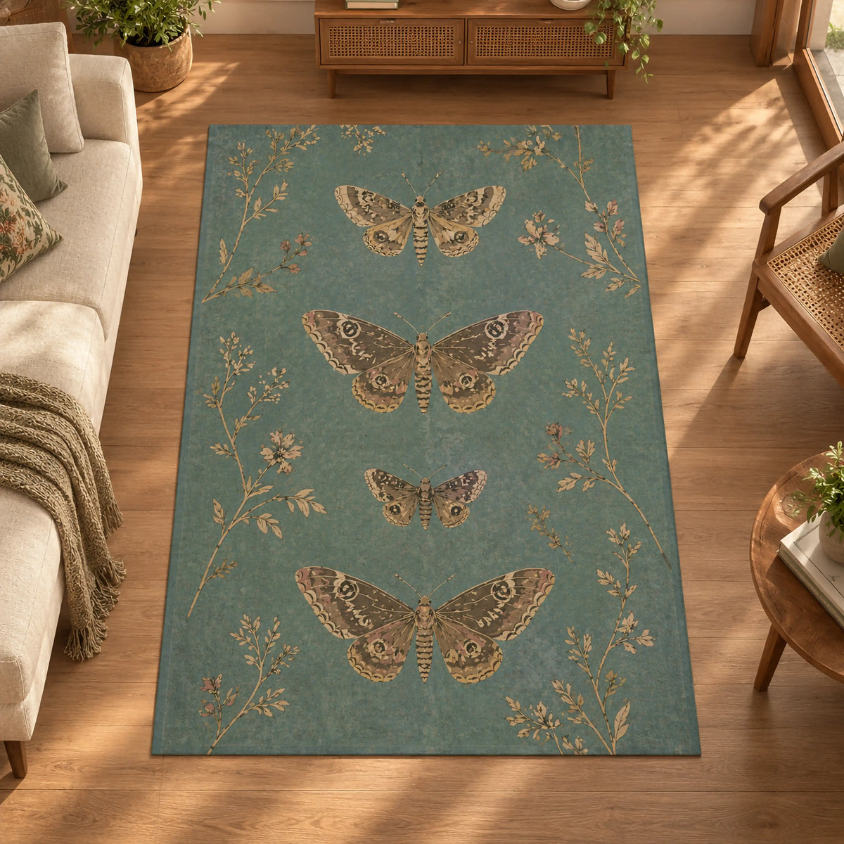  kelebek-desenli-vintage-hali-su-yesili-botanik-modern-salon