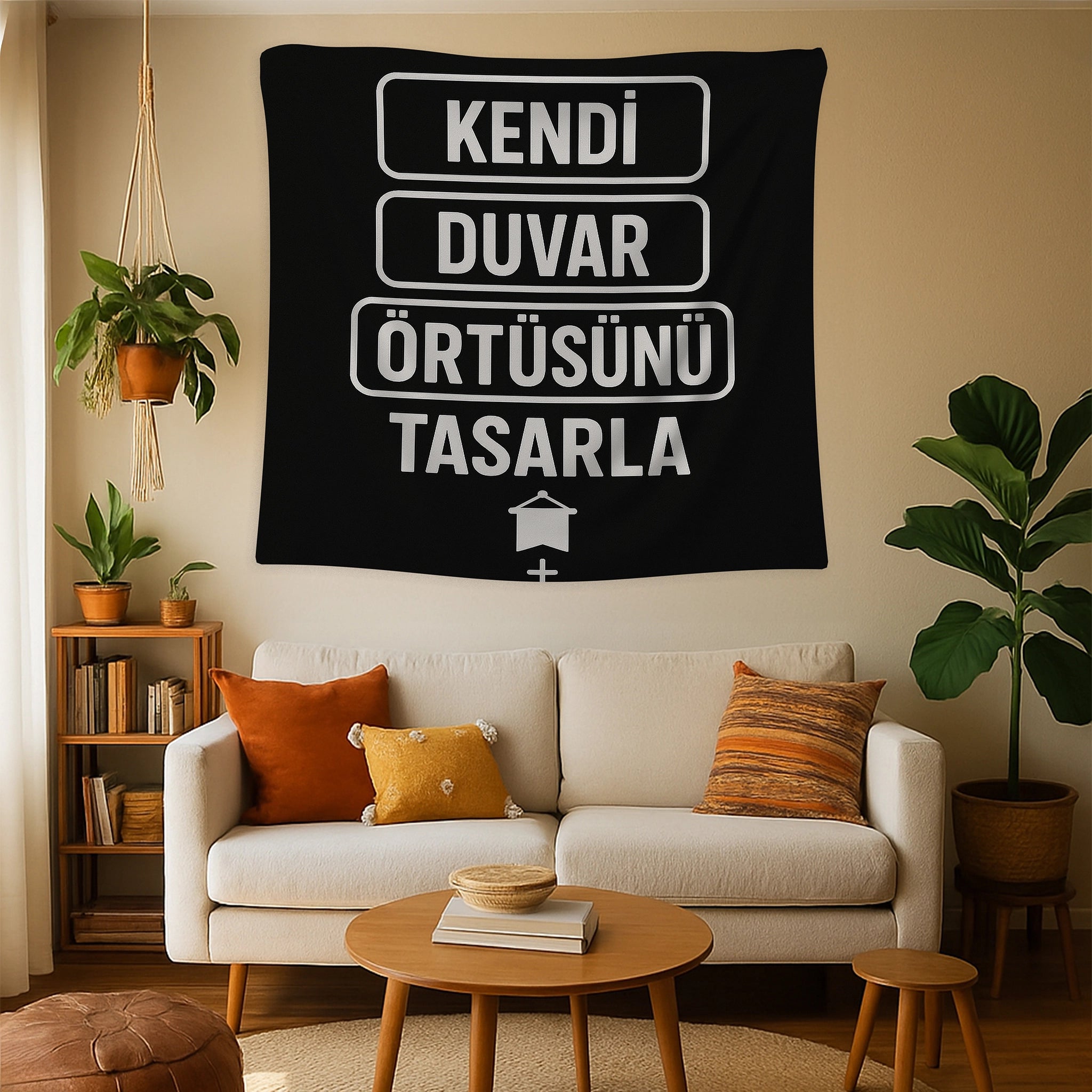 Müşterinin kendi fotoğrafını, yazısını veya özel tasarımını yükleyerek tamamen kişiselleştirilmiş duvar örtüsü oluşturabileceğini anlatan tanıtım görseli; farklı ölçü seçenekleri, kullanıcıya özel baskı süreci ve dekorasyona özgün karakter kazandıran kişiye özel duvar örtüsü konseptini temsil eder.