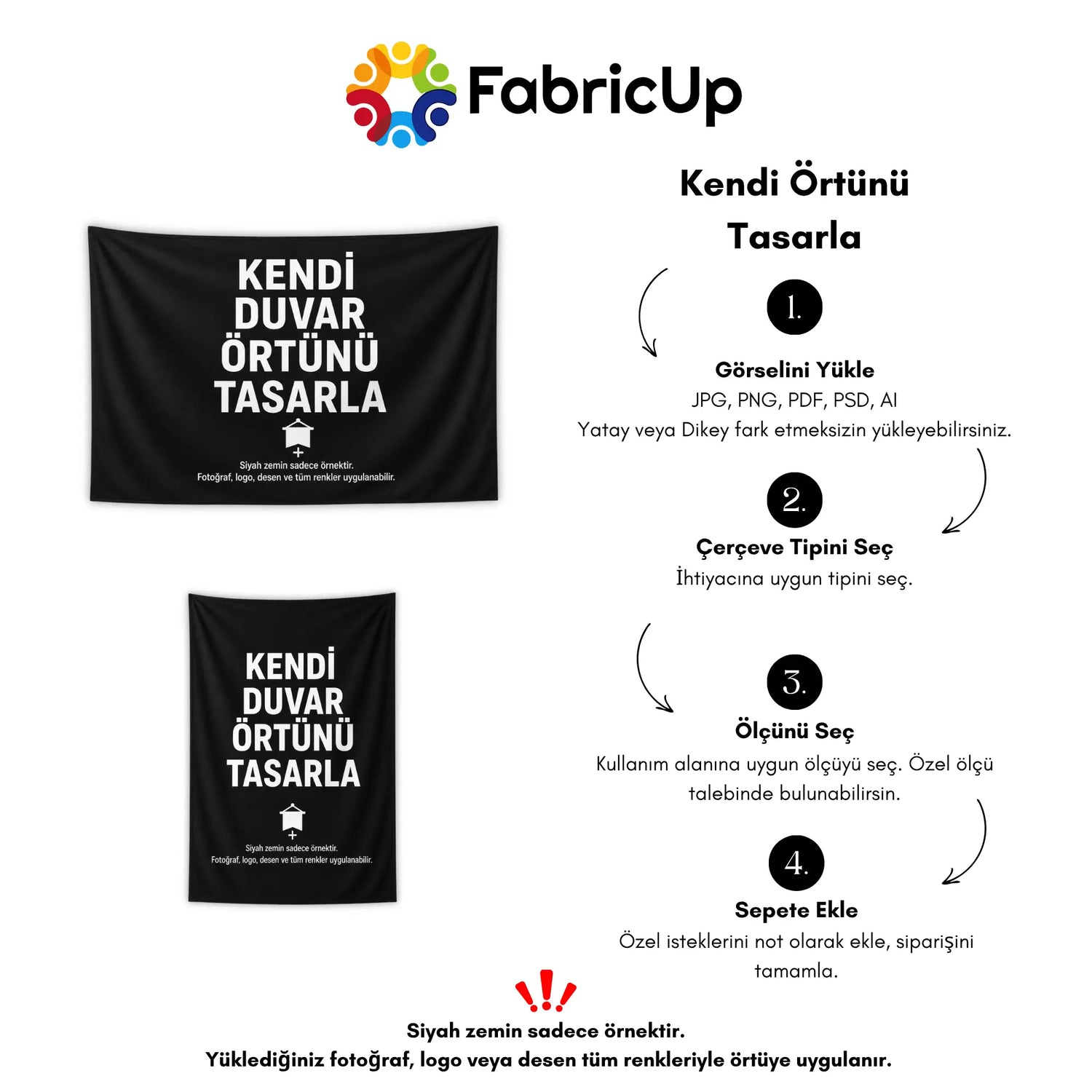 Müşterinin kendi fotoğrafını, yazısını veya özel tasarımını yükleyerek tamamen kişiselleştirilmiş duvar örtüsü oluşturabileceğini anlatan tanıtım görseli; farklı ölçü seçenekleri, kullanıcıya özel baskı süreci ve dekorasyona özgün karakter kazandıran kişiye özel duvar örtüsü konseptini temsil eder.