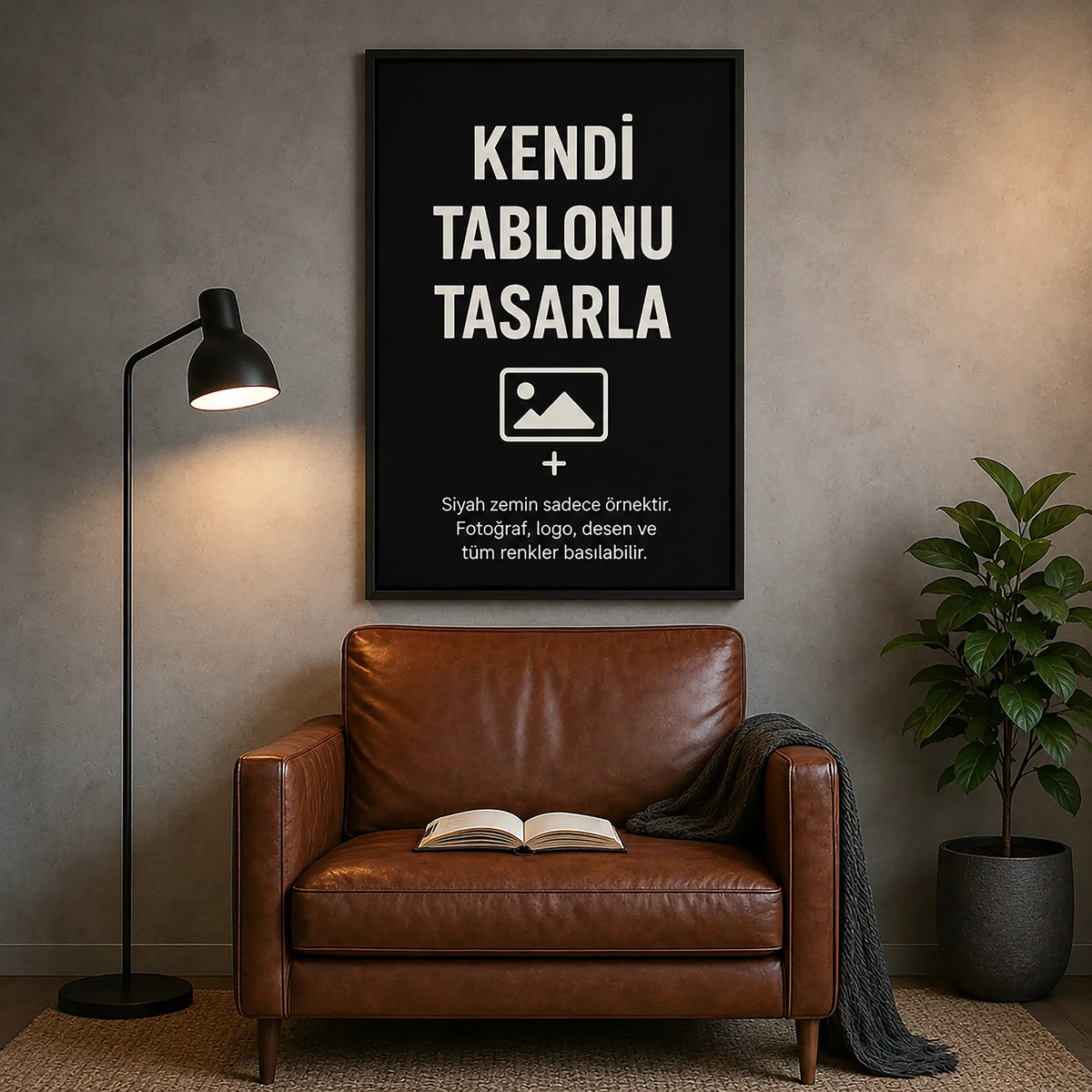 Fotoğraf, grafik veya sanat çalışmalarının tabloya basılabildiği, tamamen kullanıcı odaklı kişiselleştirme sunan dijital baskı tablo hizmetini anlatan, özel tasarım yükleme ve tekli üretim sürecini gösteren e-ticaret kategori görseli.