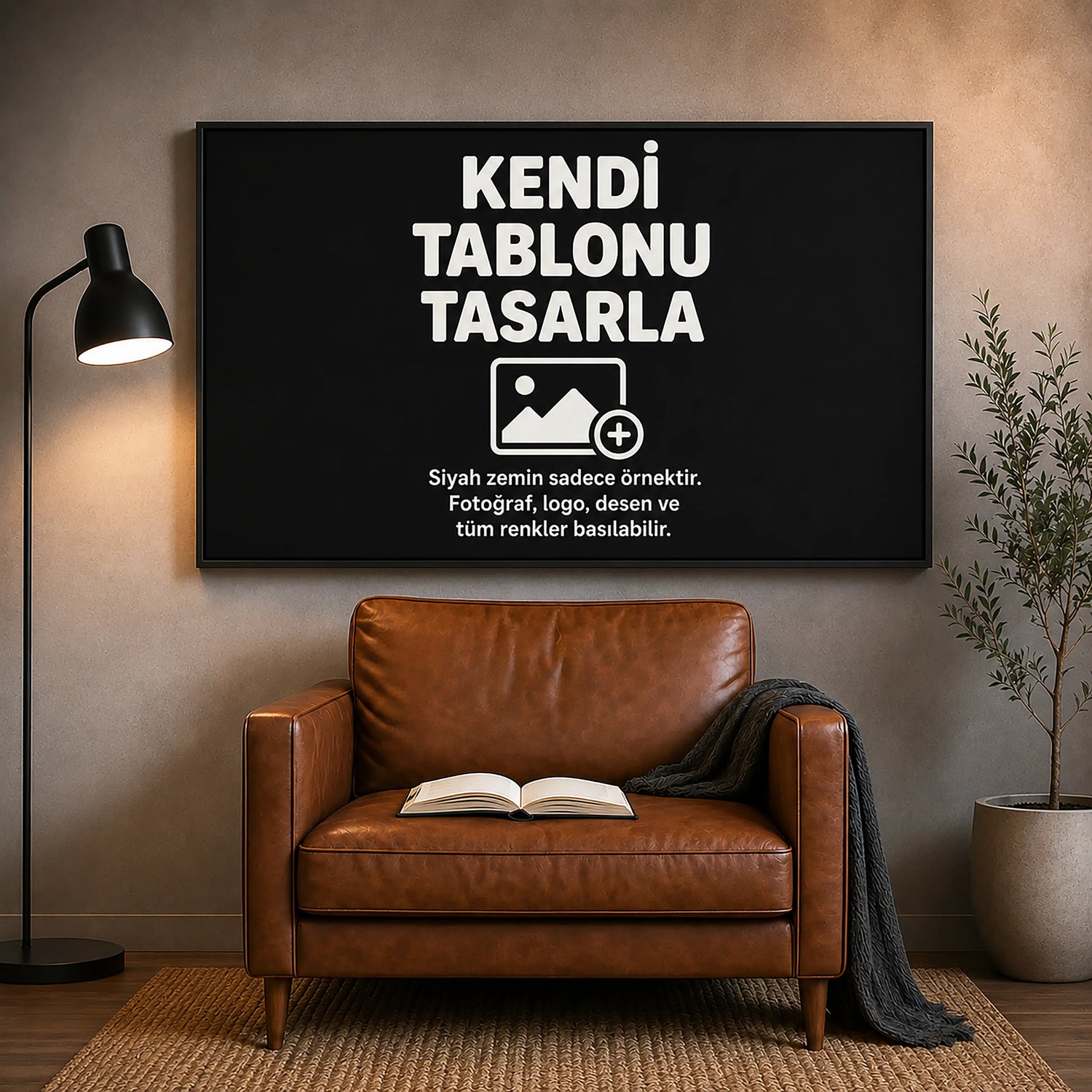 Fotoğraf, grafik veya sanat çalışmalarının tabloya basılabildiği, tamamen kullanıcı odaklı kişiselleştirme sunan dijital baskı tablo hizmetini anlatan, özel tasarım yükleme ve tekli üretim sürecini gösteren e-ticaret kategori görseli.