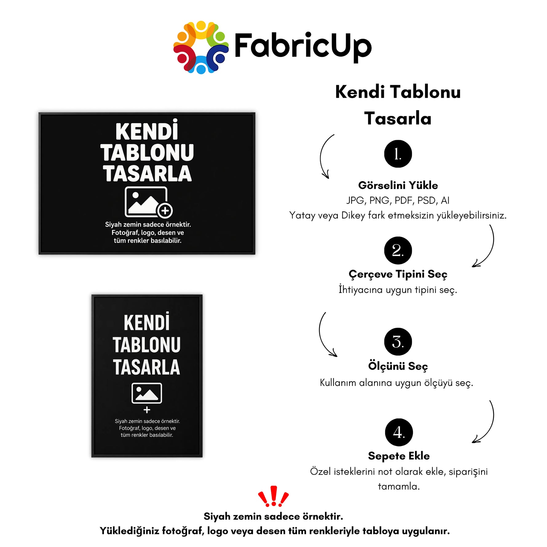 Fotoğraf, grafik veya sanat çalışmalarının tabloya basılabildiği, tamamen kullanıcı odaklı kişiselleştirme sunan dijital baskı tablo hizmetini anlatan, özel tasarım yükleme ve tekli üretim sürecini gösteren e-ticaret kategori görseli.