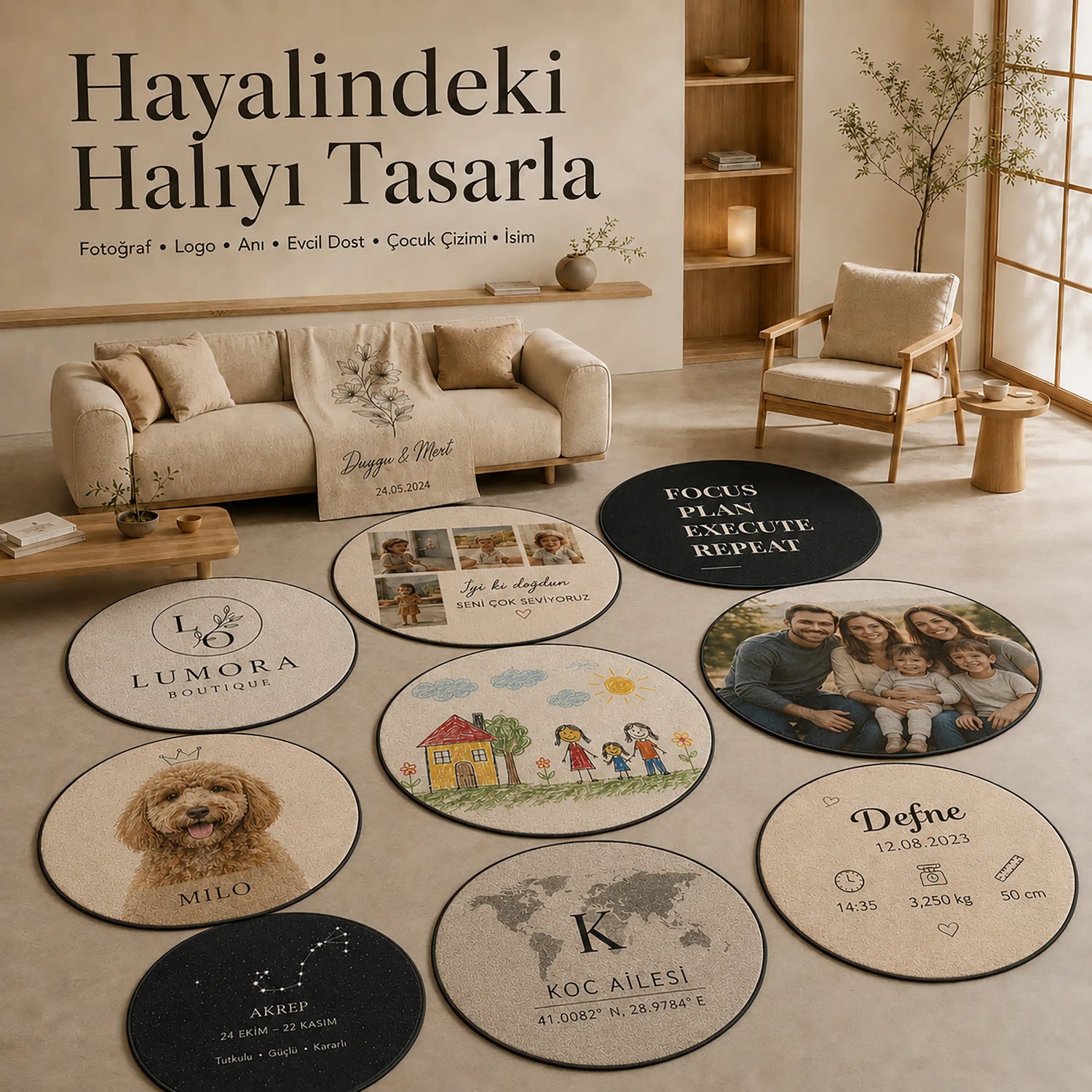Müşterinin kendi görselini, yazısını veya özel tasarımını yükleyerek tamamen kişiselleştirilmiş yuvarlak halı oluşturabileceğini anlatan tanıtım görseli; özel ölçü, özgün tasarım ve kullanıcıya özel üretim sürecini vurgulayan, kişiye özel halı konseptini temsil eden listeleme fotoğrafı.