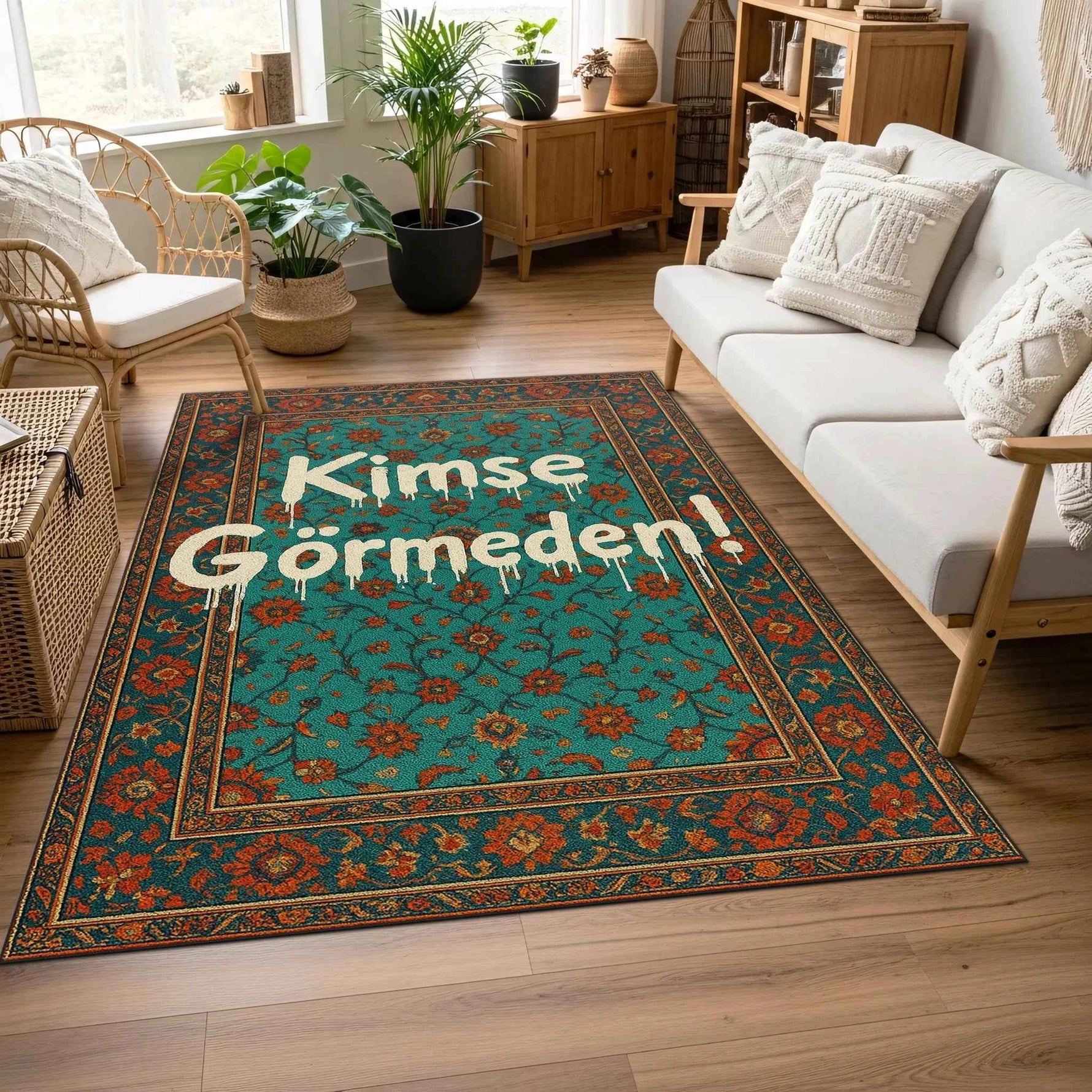 "Kimse Görmeden!" Yazılı ve Damlama Efektli Turkuaz Oryantal Halı