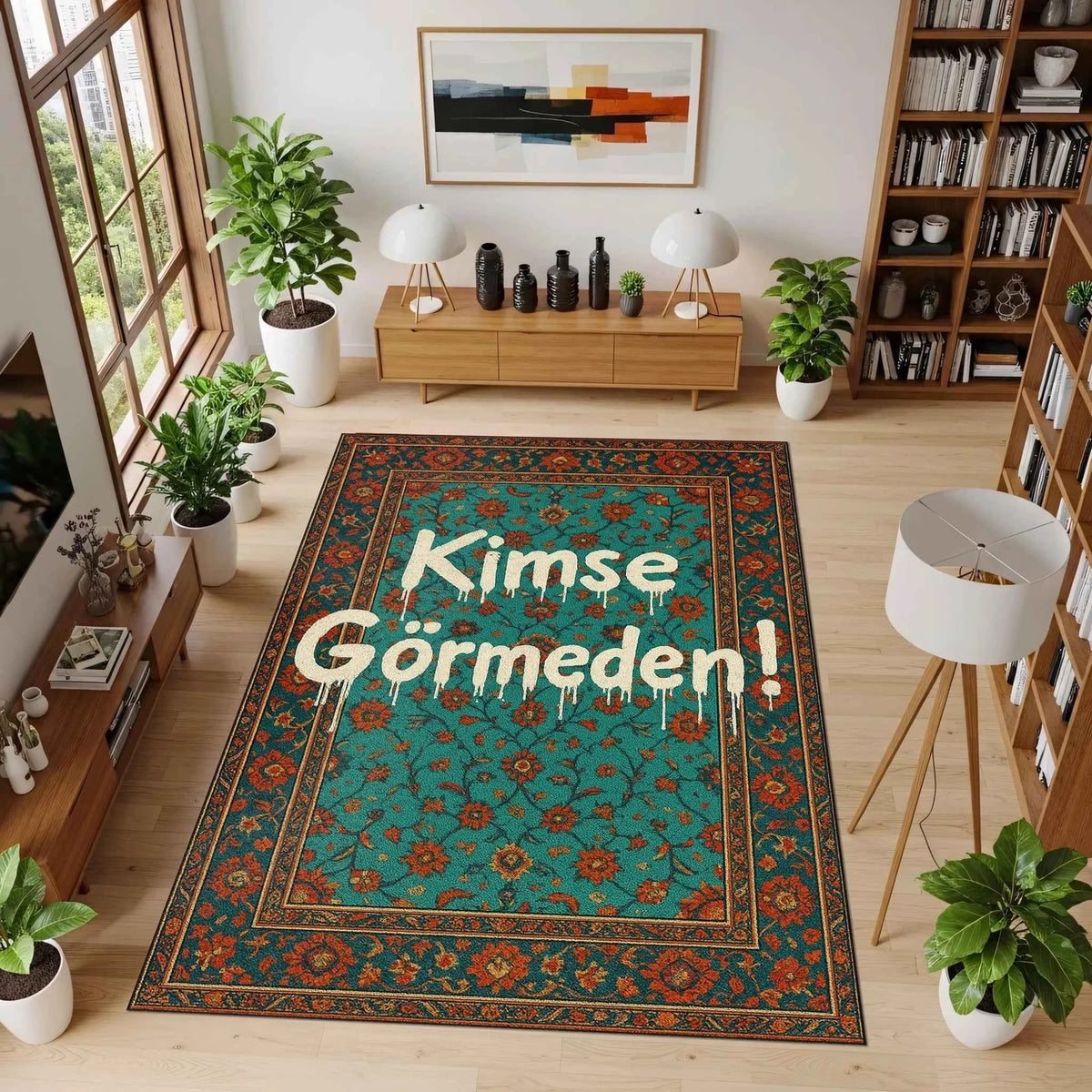 "Kimse Görmeden!" Yazılı ve Damlama Efektli Turkuaz Oryantal Halı
