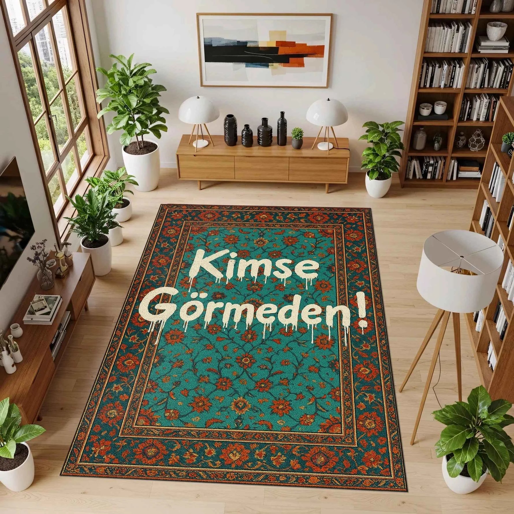 "Kimse Görmeden!" Yazılı ve Damlama Efektli Turkuaz Oryantal Halı