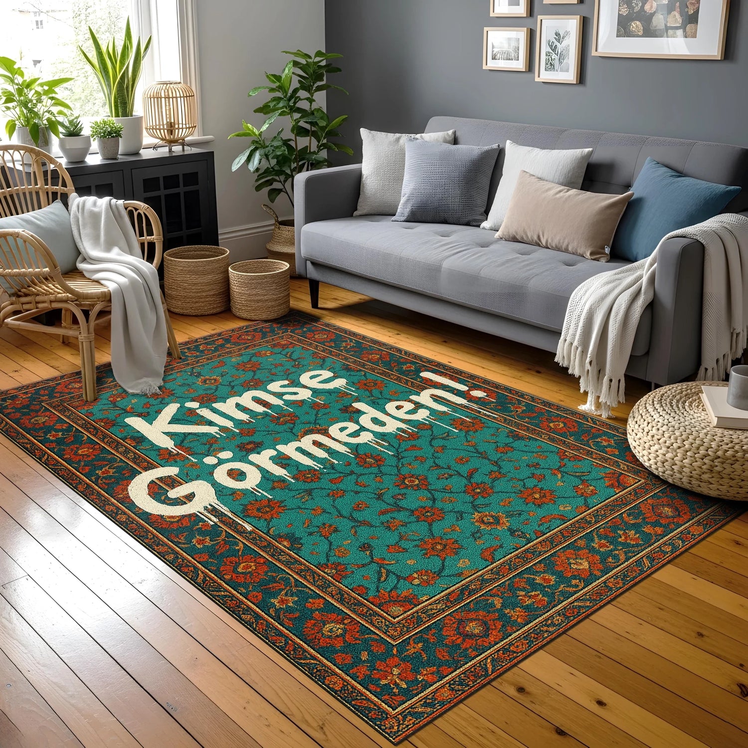 Turkuaz zemin üzerine klasik oryantal desenlerle çevrelenmiş, merkezde büyük ve krem renkli “Kimse Görmeden” yazısı bulunan, çiçek motifli bordür yapısına sahip, tipografi ve geleneksel halı estetiğini birleştiren, dikdörtgen formda dekoratif halı tasarımı.
