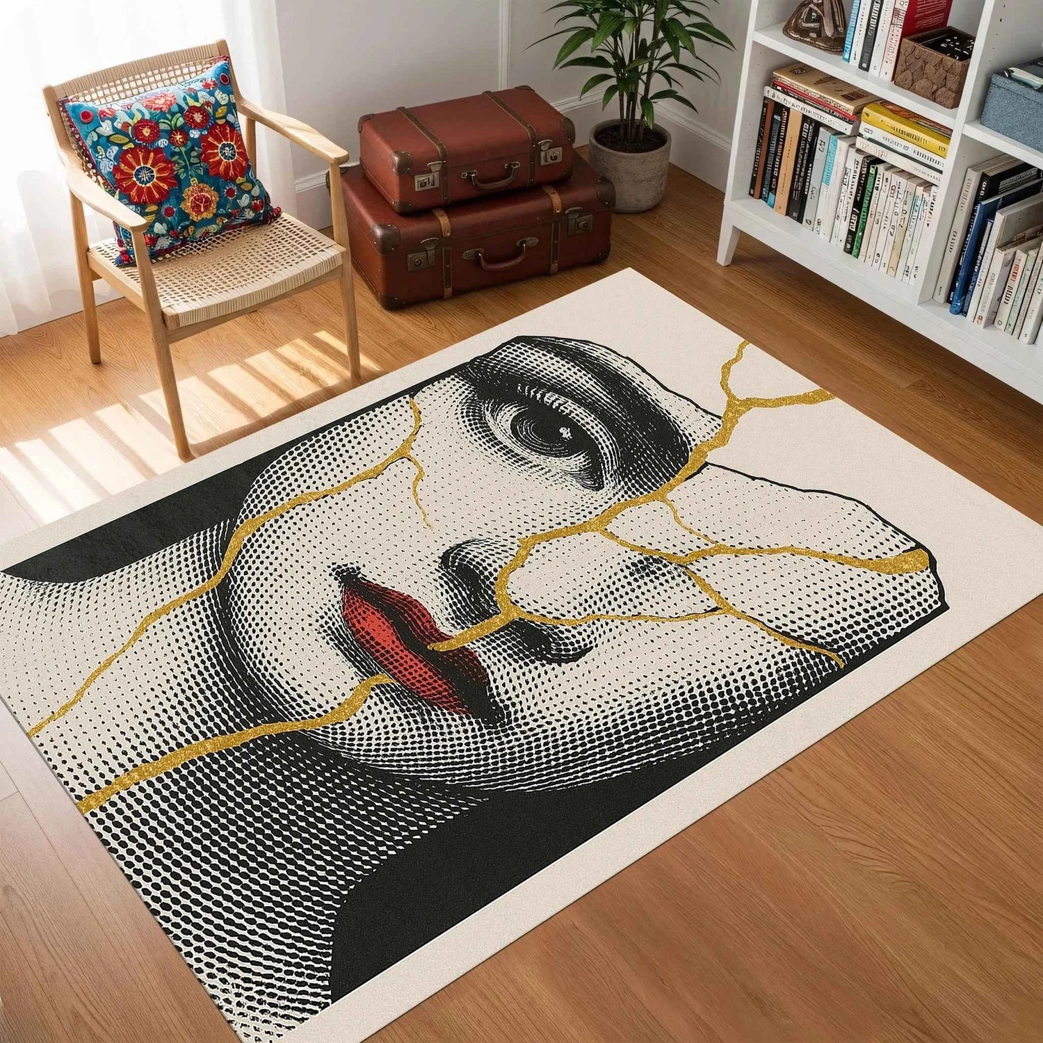 Kintsugi Sanatı ve Kadın Portre Desenli Modern Salon Halısı