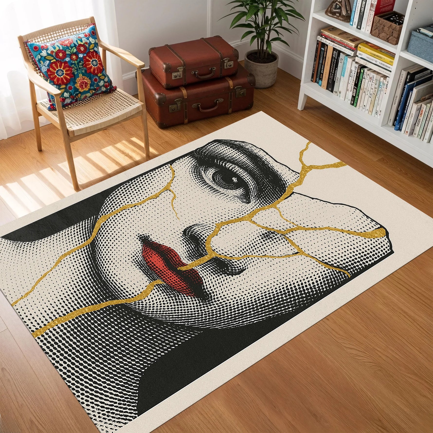 Figüratif desenli dikdörtgen halı modeli; detaylı kadın portresi, porselen kırıklarını andıran altın renkli çatlak çizgilerle bölünmüştür. Monokrom zemin üzerinde kırmızı dudak detayı odak noktası oluşturur. Sanatsal ve modern tasarım anlayışı taşır.
