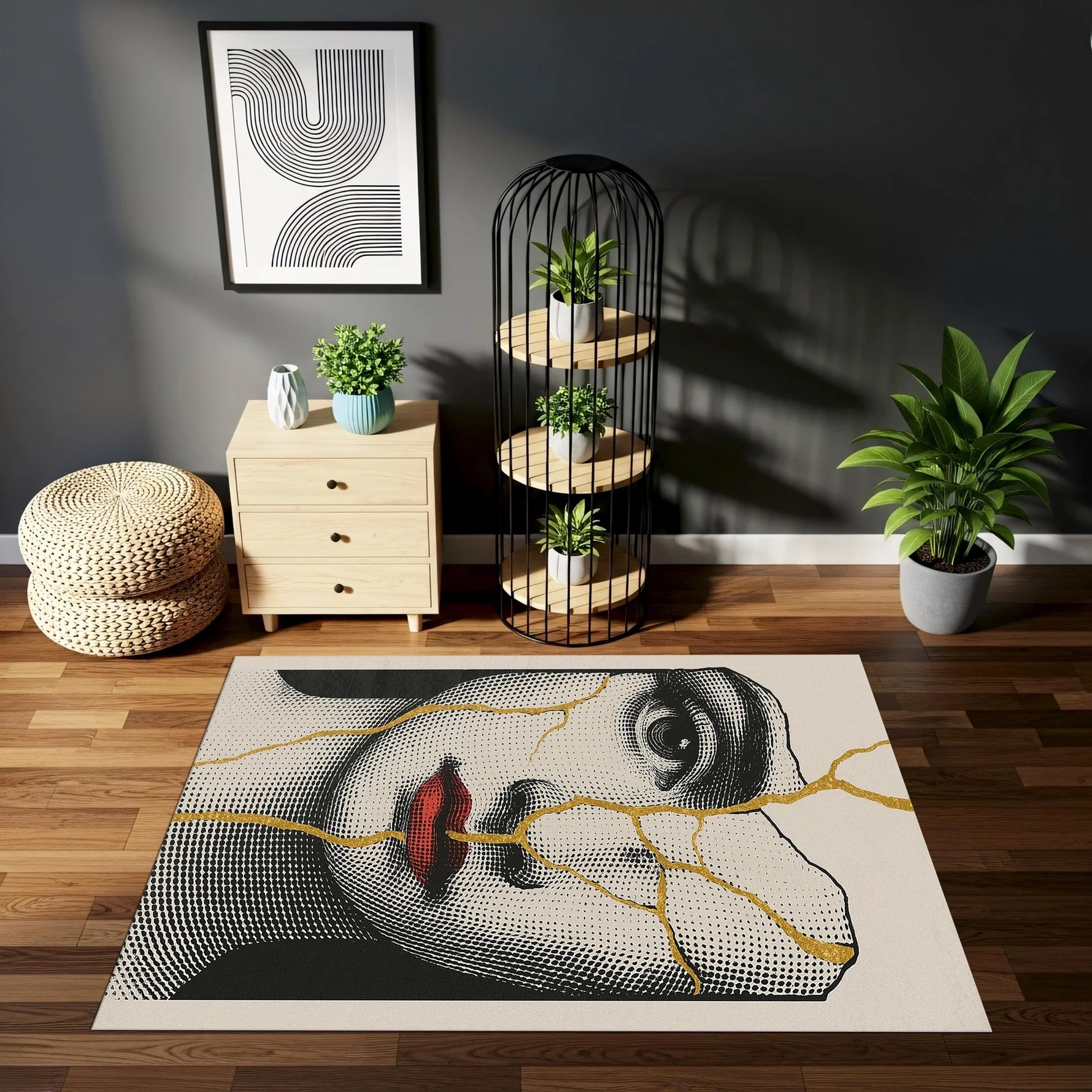 Modern sanat temalı dikdörtgen halı, klasik kadın yüzü illüstrasyonunu kintsugi esintili çatlak desenlerle birleştirir. Nokta ve çizgi dokusu derinlik kazandırır. Siyah beyaz renk dengesi ve altın vurgularla özgün bir ürün tasarımı sunar.
