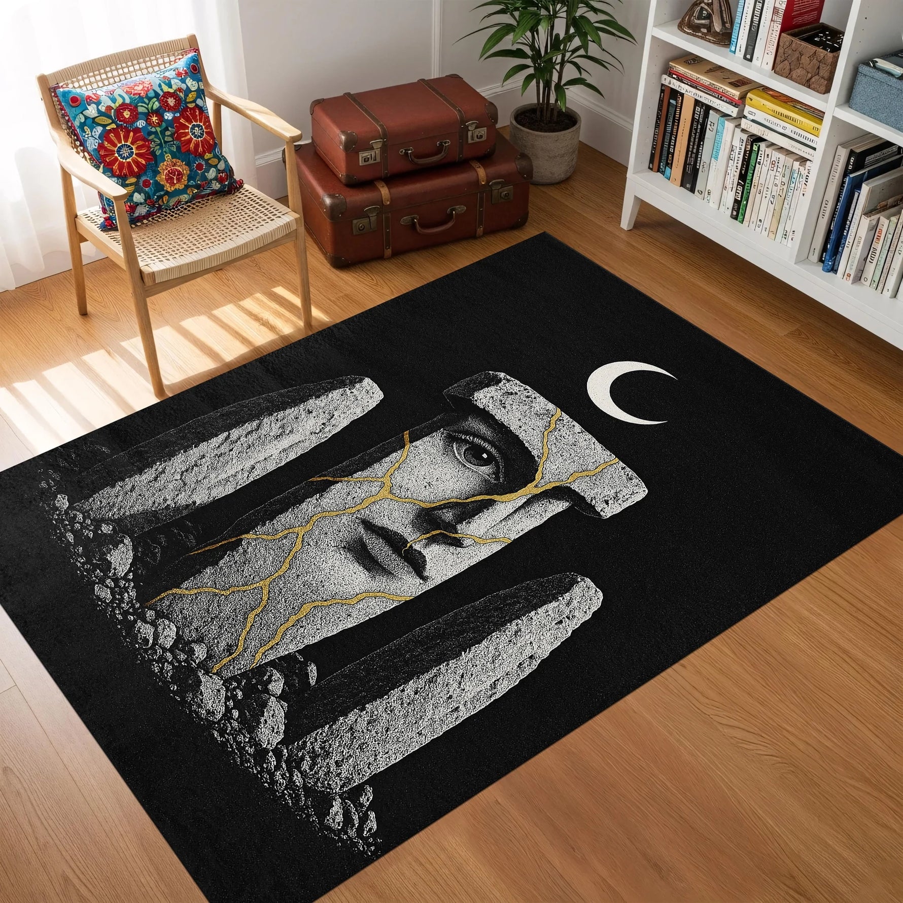 Ay motifli taş heykel portresi, kırık mermer dokusu ve altın damar efektleri içeren gotik sürreal halı tasarımı, mitolojik ve spiritüel tema, karanlık estetik, çağdaş sanat dekorasyonu, statement interior rug konsepti
