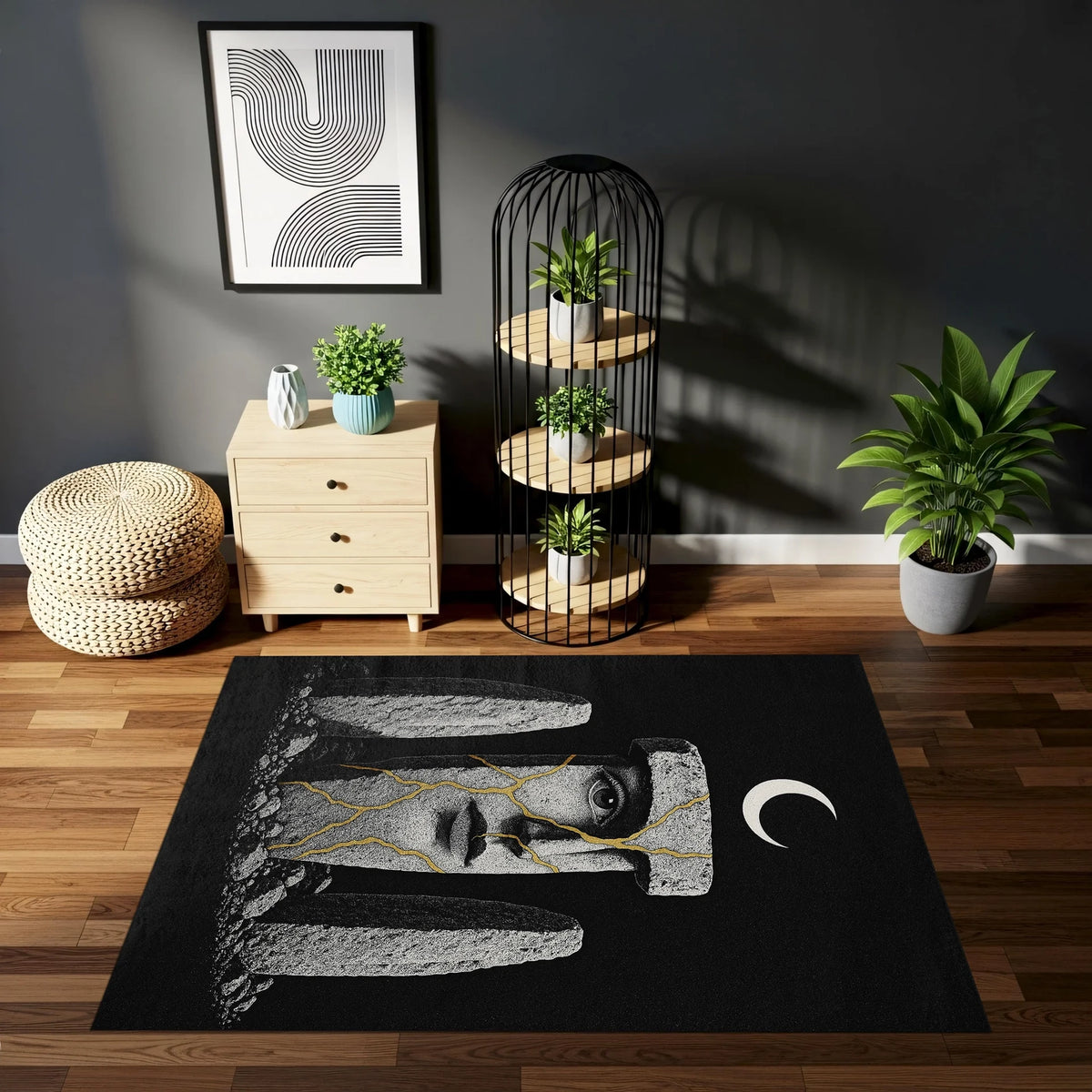 Hilal ay altında çatlak mermer dokulu heykel yüzü tasvirli sanatsal halı, spiritüel ve metafizik konsept, monokrom gotik stil, lüks ve karanlık iç mekan dekoru için figüratif tasarım halısı
