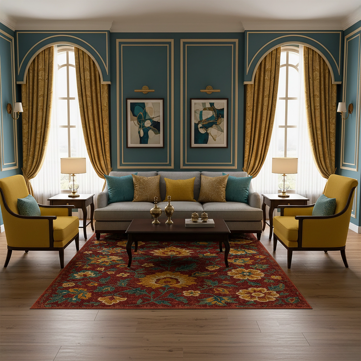 Kırmızı zeminli, sarı ve turuncu tonlarda iri çiçek motifleri ile yeşil yaprak detayları içeren floral desenli dijital baskı halı, klasik bahçe teması, vintage stil, botanik figürler ve yüksek kontrastlı renk paletiyle dekoratif, sanatsal ve dikkat çekici bir tasarım sunar.
