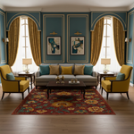 Kırmızı zeminli, sarı ve turuncu tonlarda iri çiçek motifleri ile yeşil yaprak detayları içeren floral desenli dijital baskı halı, klasik bahçe teması, vintage stil, botanik figürler ve yüksek kontrastlı renk paletiyle dekoratif, sanatsal ve dikkat çekici bir tasarım sunar.
