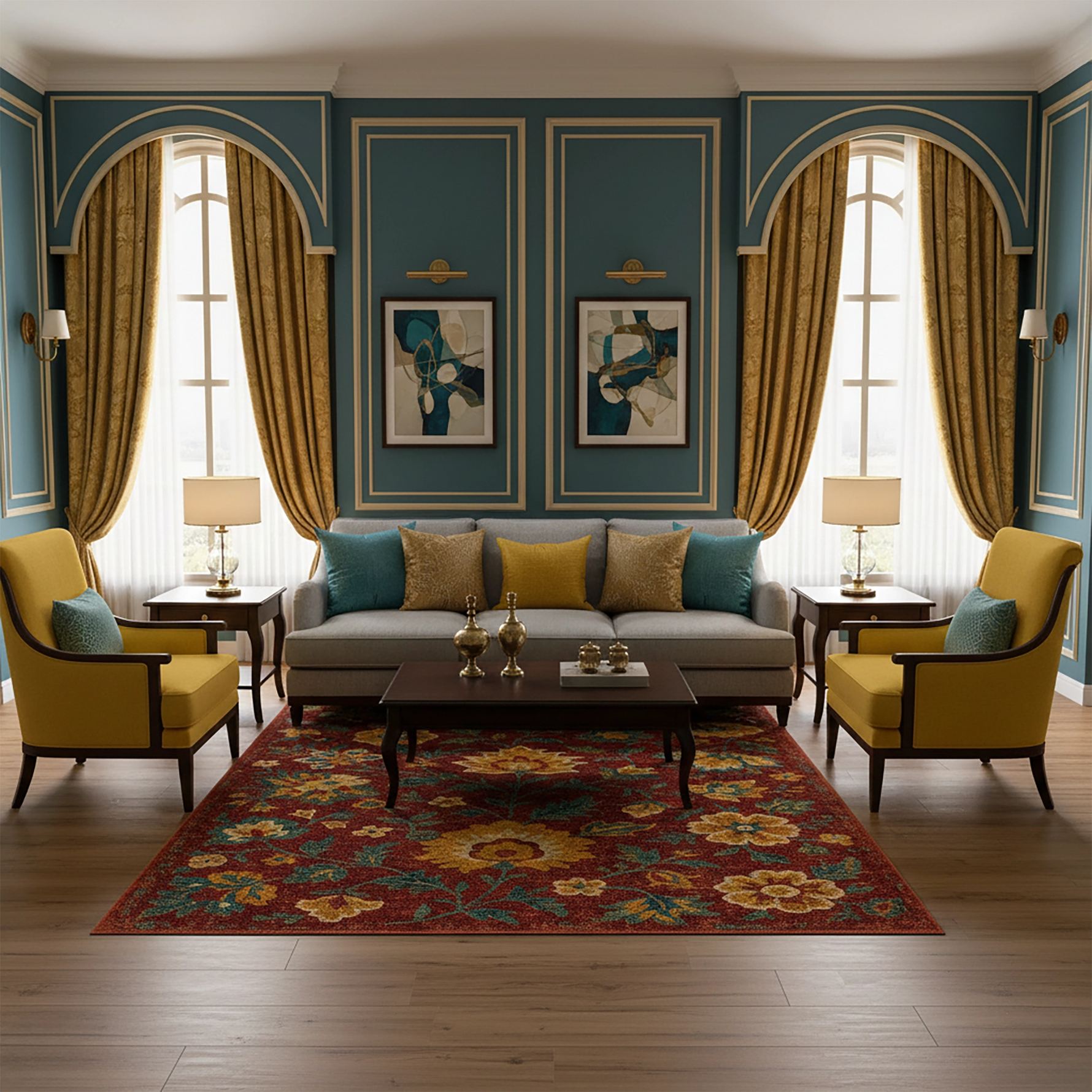 Kırmızı zeminli, sarı ve turuncu tonlarda iri çiçek motifleri ile yeşil yaprak detayları içeren floral desenli dijital baskı halı, klasik bahçe teması, vintage stil, botanik figürler ve yüksek kontrastlı renk paletiyle dekoratif, sanatsal ve dikkat çekici bir tasarım sunar.
