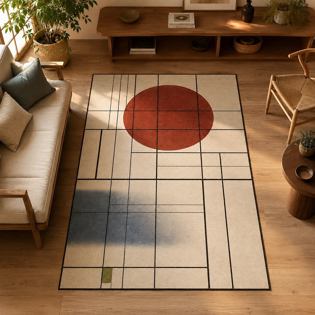 kirmizi-daire-desenli-hali-de-stijl-geometrik-grid-estetigi