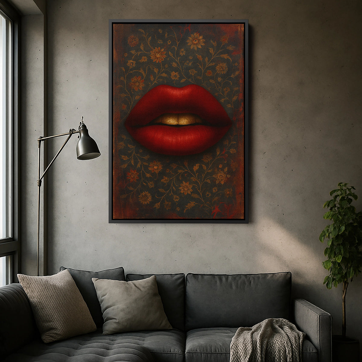 Siyah çerçeveli kanvas tablo, dramatik renkler ve pop art dudak kompozisyonuyla güçlü kontrast yaratan dekoratif duvar dekoru tasarımıdır. FabricUp dijital baskı teknolojisi sayesinde yüksek çözünürlüklü, net ve canlı tonlarda modern kanvas tablo görünümü sağlar.