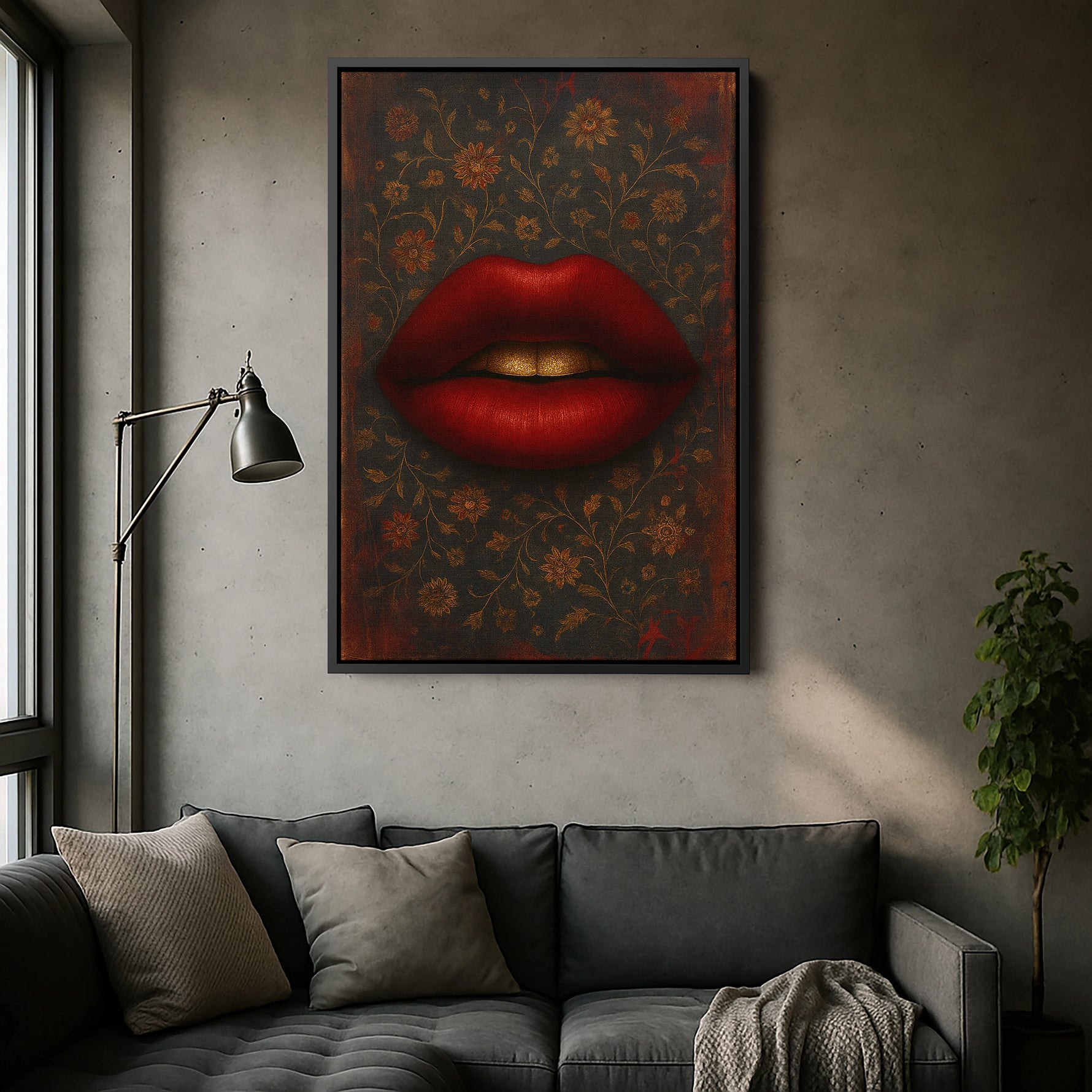 Siyah çerçeveli kanvas tablo, dramatik renkler ve pop art dudak kompozisyonuyla güçlü kontrast yaratan dekoratif duvar dekoru tasarımıdır. FabricUp dijital baskı teknolojisi sayesinde yüksek çözünürlüklü, net ve canlı tonlarda modern kanvas tablo görünümü sağlar.