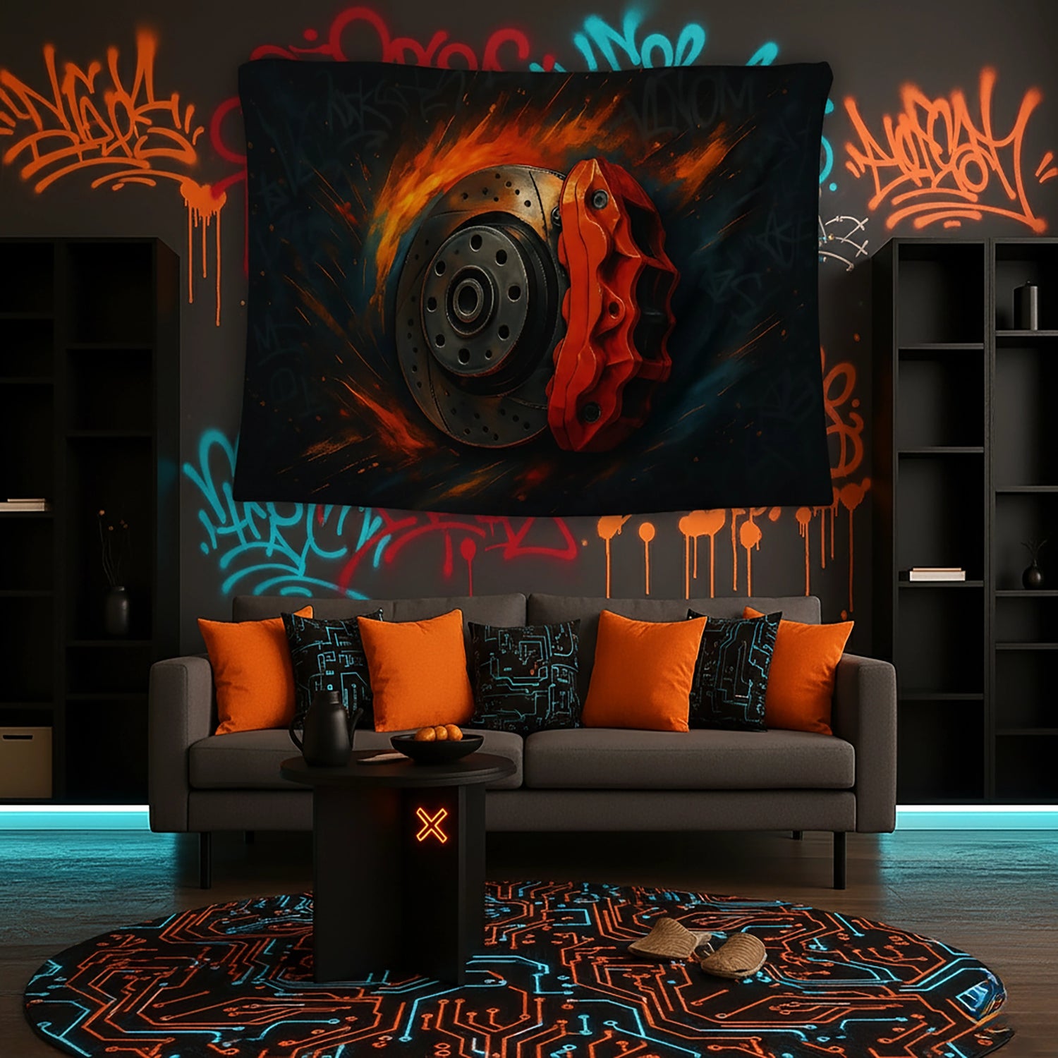 Merkezde detaylı fren diski ve kırmızı kaliper parçası bulunan duvar örtüsü, etrafını saran turuncu alev efektleri ve koyu arka planla hız ve performans temalı dinamik bir kompozisyon sunar; otomotiv, motor sporları ve endüstriyel dekorasyon tarzı için güçlü bir tekstil tasarımıdır.