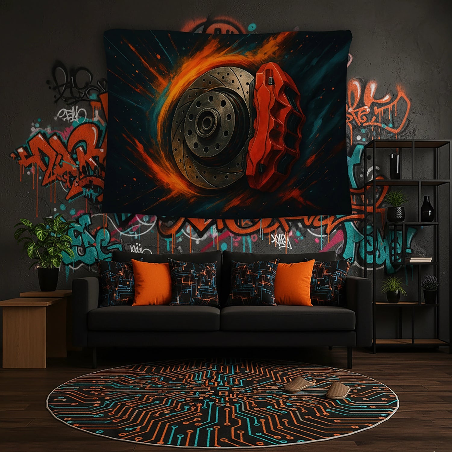Merkezde detaylı fren diski ve kırmızı kaliper parçası bulunan duvar örtüsü, etrafını saran turuncu alev efektleri ve koyu arka planla hız ve performans temalı dinamik bir kompozisyon sunar; otomotiv, motor sporları ve endüstriyel dekorasyon tarzı için güçlü bir tekstil tasarımıdır.