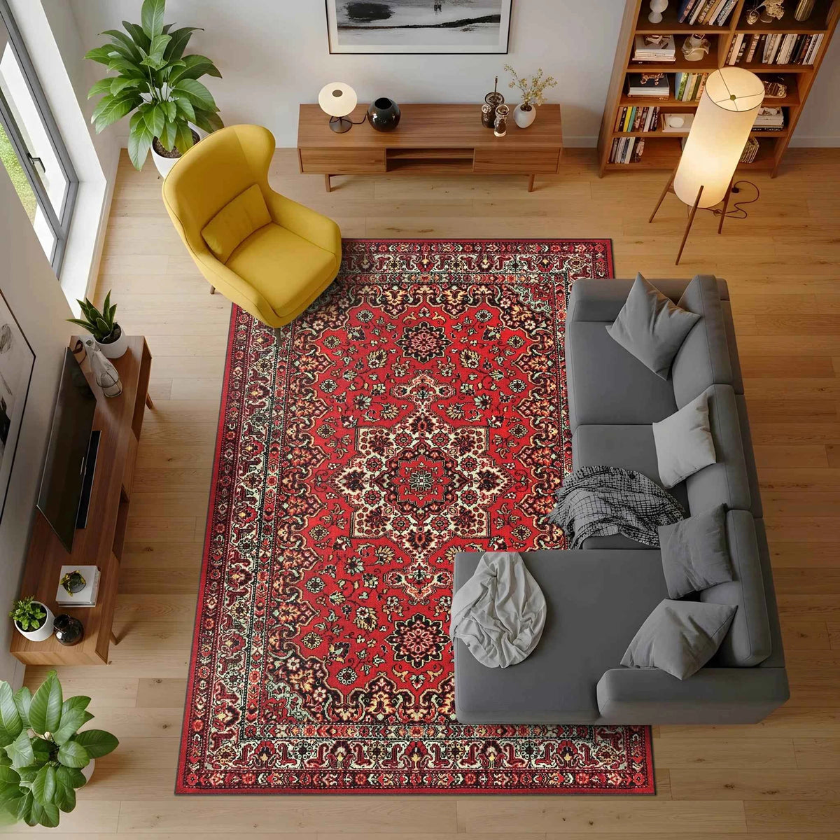 Kırmızı Geleneksel İran Desenli Dekoratif Salon Halısı
