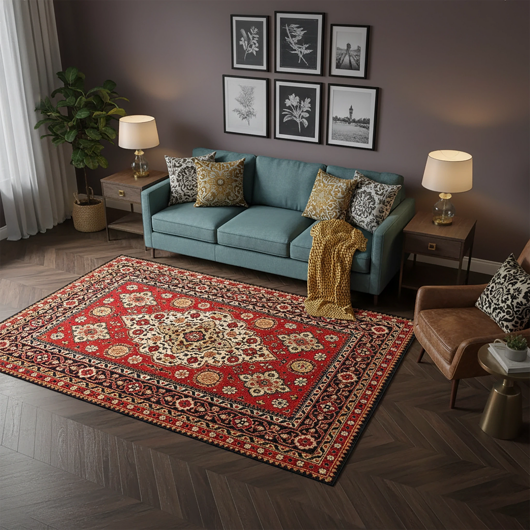 Klasik Madalyon Desenli Kırmızı Saray Tarzı Salon Halısı