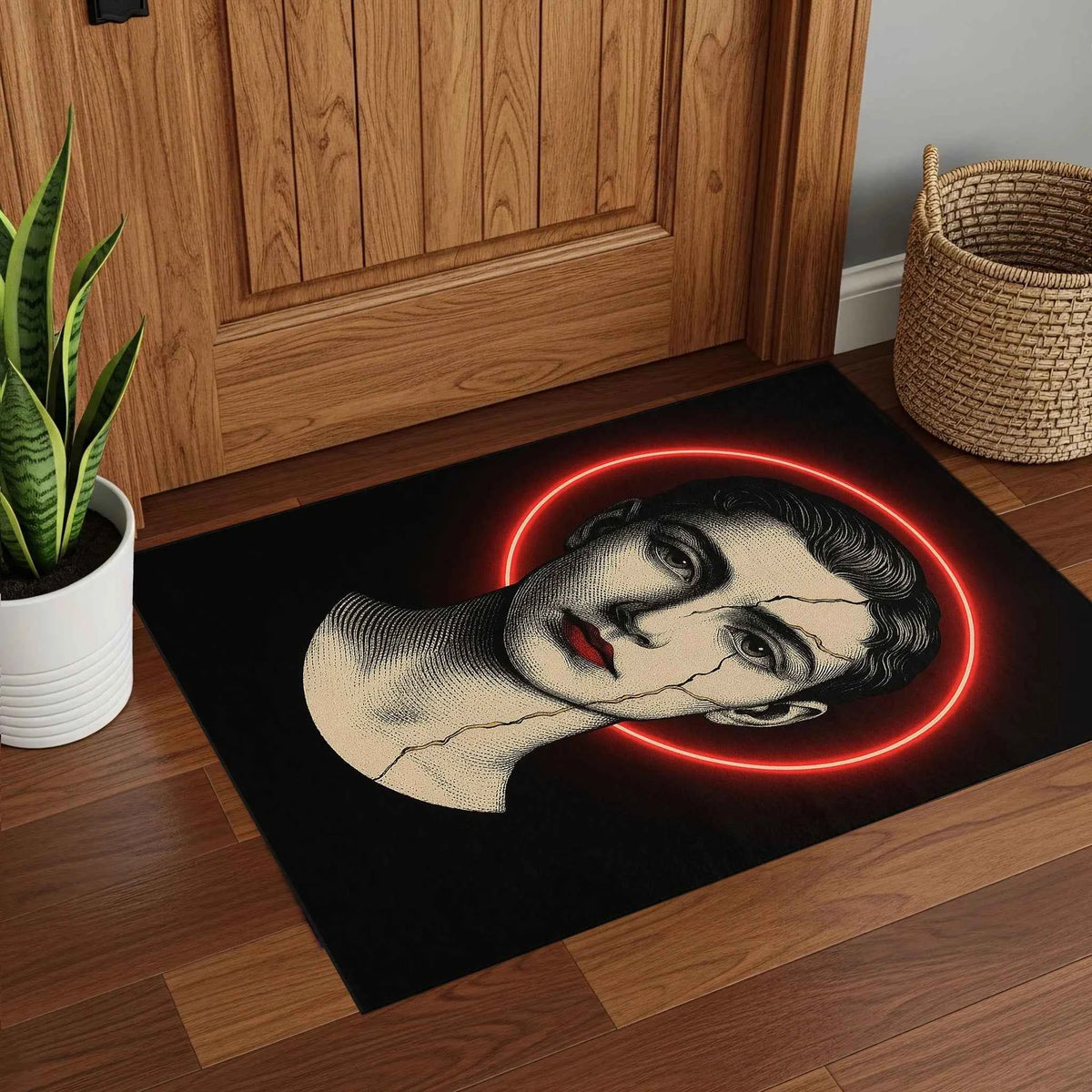 Kırmızı Neon Halkalı ve Altın Çatlaklı Portre Desenli Sanatsal Halı