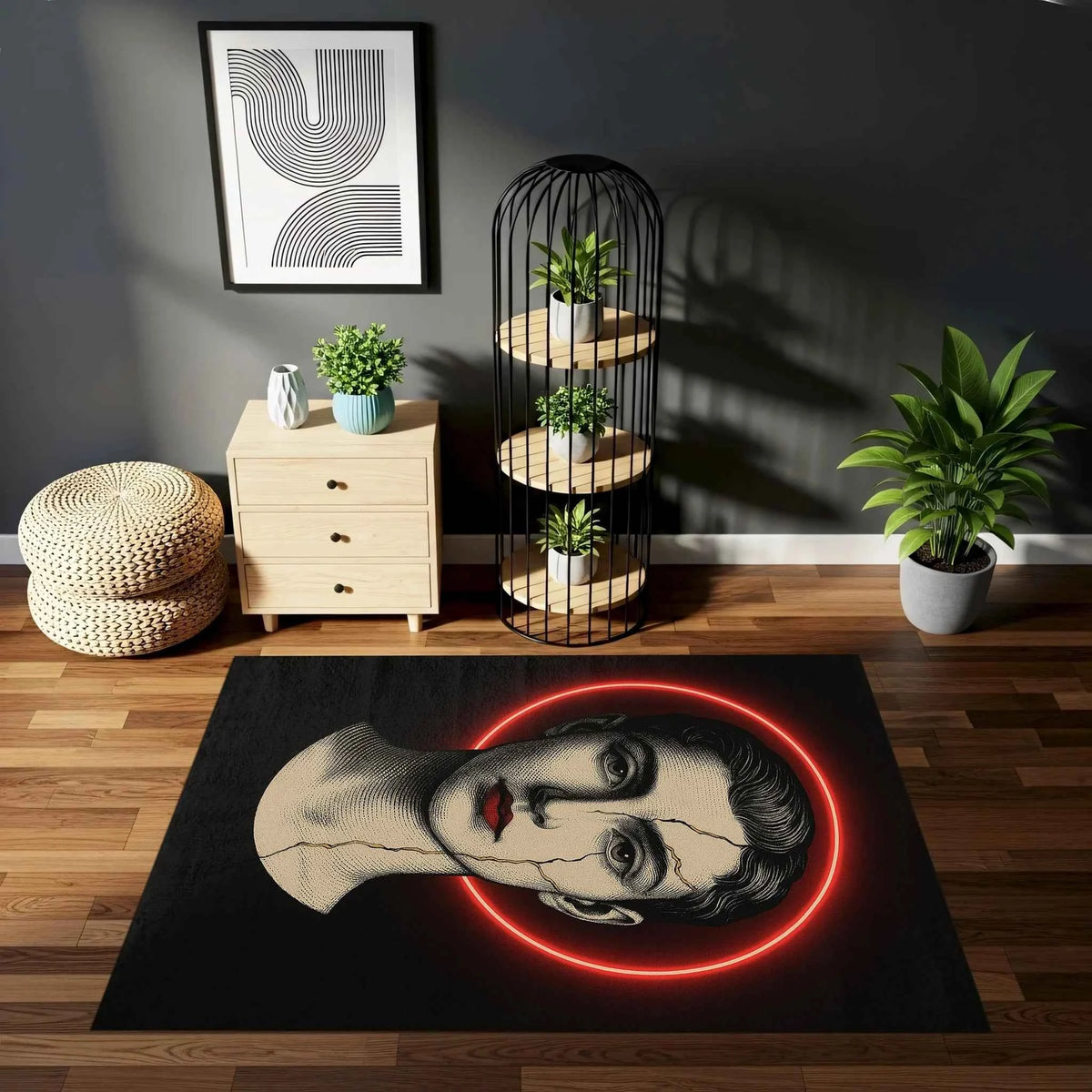 Kırmızı Neon Halkalı ve Altın Çatlaklı Portre Desenli Sanatsal Halı