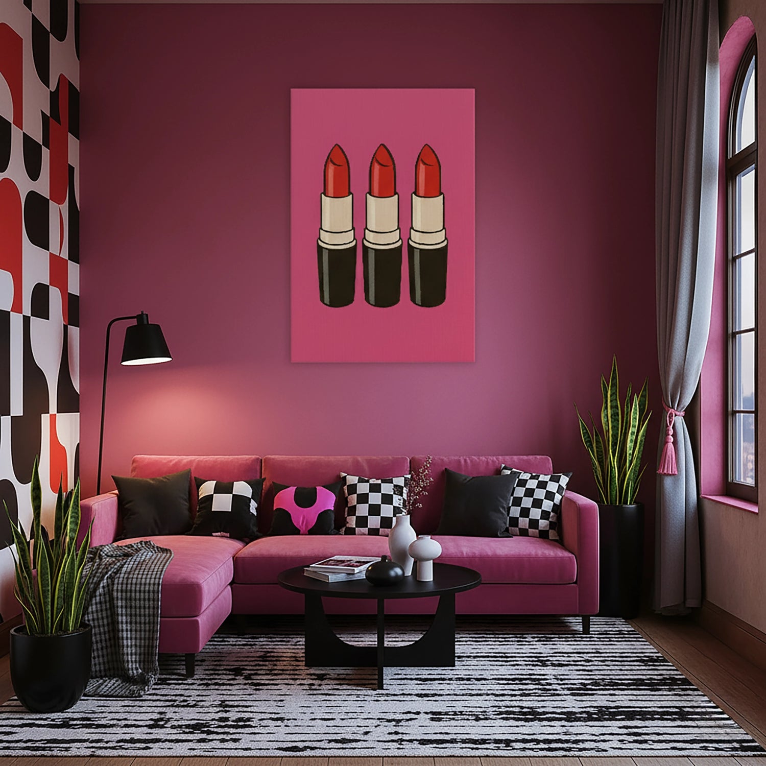 Pembe arka plan üzerinde üç adet kırmızı ruj illüstrasyonundan oluşan modern pop art temalı çerçevesiz kanvas tablo, kadın yaşam tarzı, moda ve makyaj estetiğini yansıtan enerjik bir dekorasyon ürünü olarak tasarlanmıştır. Canlı renkler, sade kompozisyon ve yüksek çözünürlüklü baskı kalitesi sayesinde salon, yatak odası, giyinme odası ve stüdyo alanlarında güçlü bir görsel vurgu oluşturur. FabricUp kalitesiyle üretilmiştir.