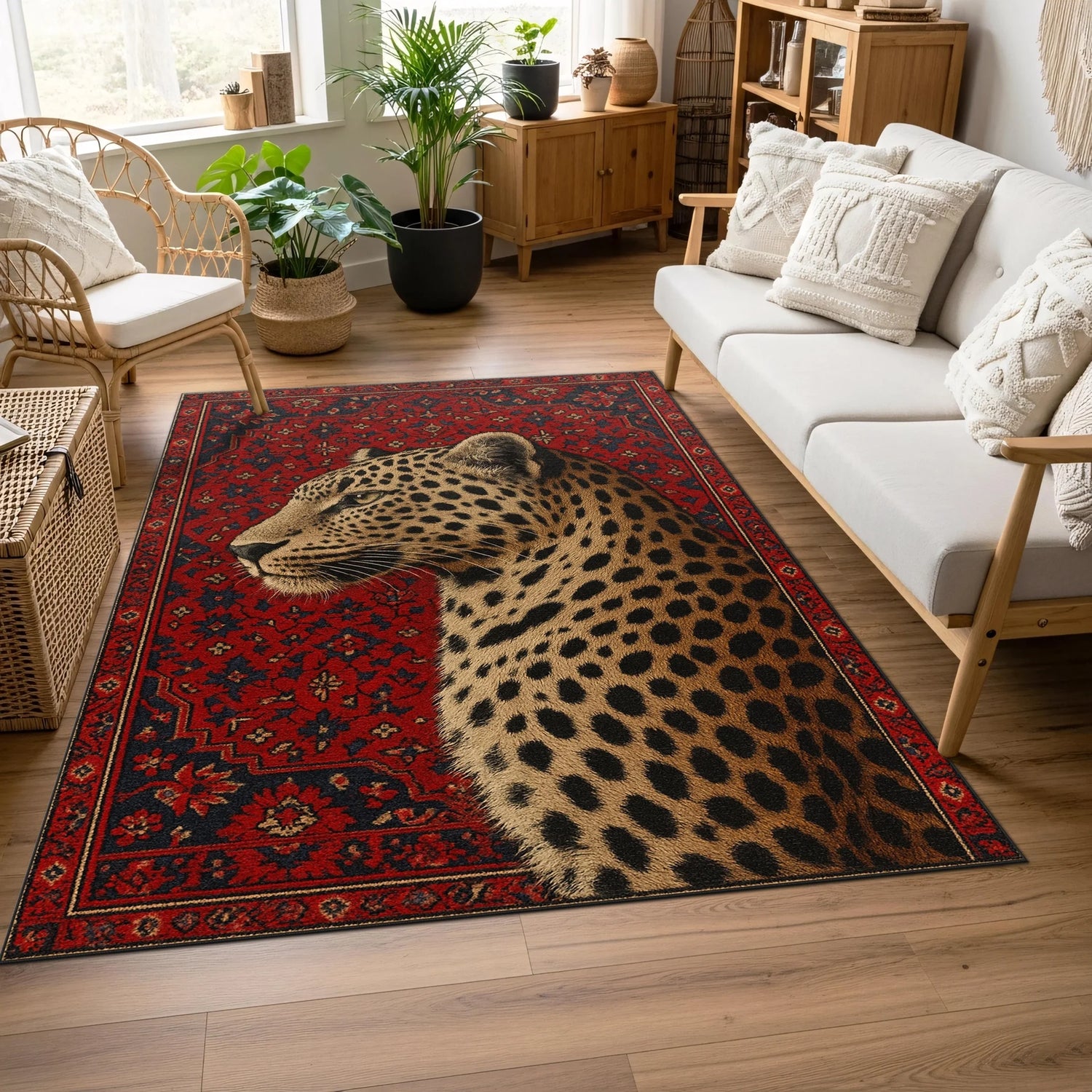 Merkezden sola doğru yerleştirilmiş gerçekçi leopar başı illüstrasyonu, çevresinde geleneksel floral motiflerle süslenmiş kırmızı zeminli dekoratif halı; yumuşak doku geçişleri, net konturlar ve simetrik klasik çerçeve tasarımı.