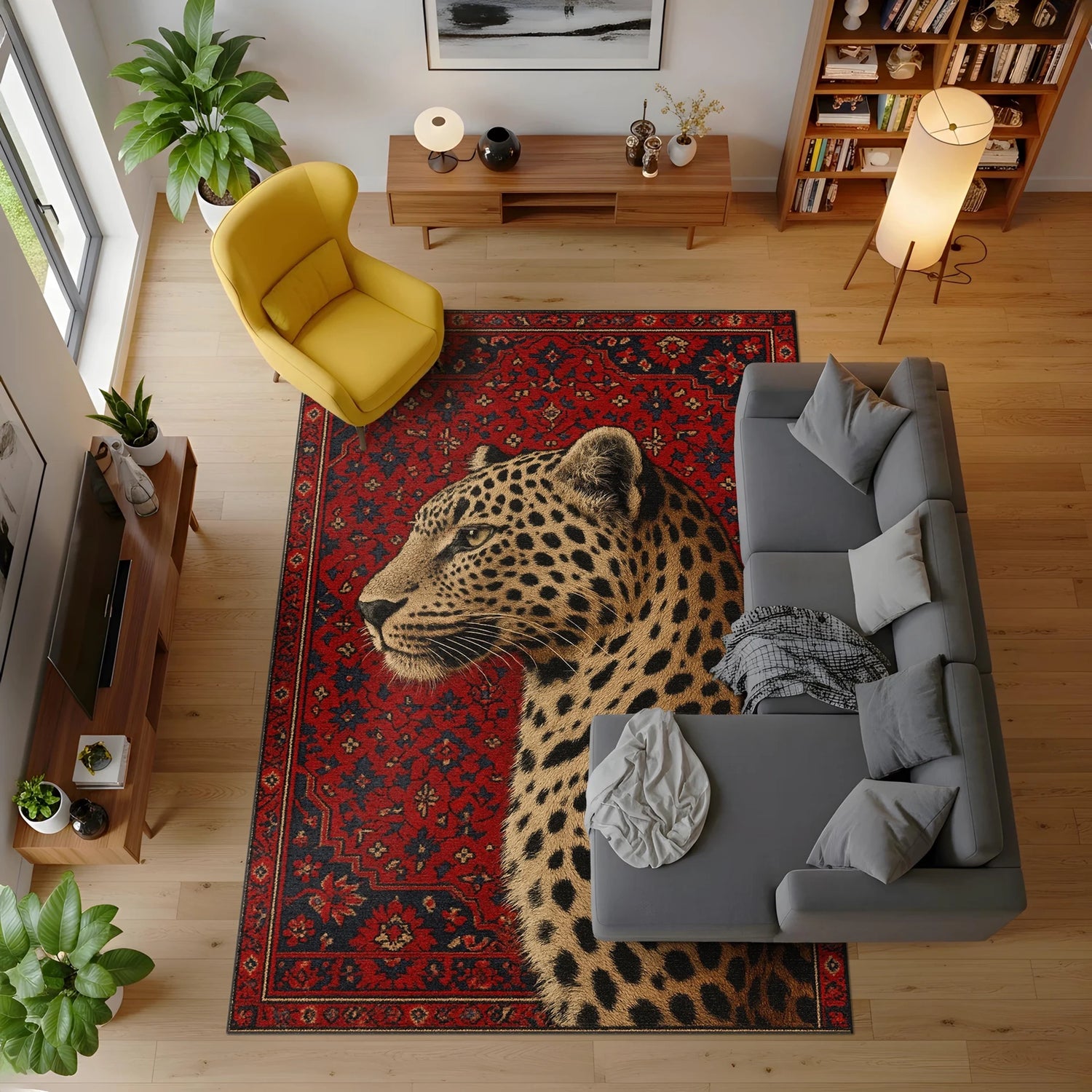 Kırmızı zeminli klasik oriental desenler üzerinde profilden betimlenmiş leopar figürü bulunan sanatsal halı; benekli kürk dokusu, doğal ton geçişleri, güçlü hayvan silüeti, detaylı bordür yapısı ve yüksek kontrastlı grafik kompozisyon.