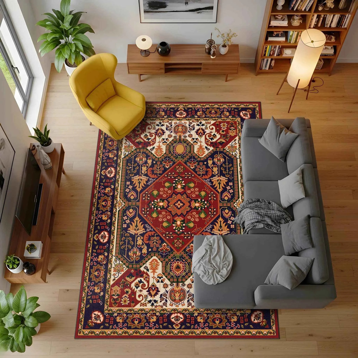 Kırmızı ve Lacivert Etnik Desenli Klasik Salon Halısı