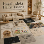 Müşterinin kendi görselini, fotoğrafını veya tasarımını yükleyerek tamamen kişiselleştirilebilir bir halı oluşturabileceğini anlatan özel listeleme görseli; kullanıcıya özgü ölçü, tasarım ve baskı seçenekleriyle bireysel zevke göre halı üretim amacını net şekilde yansıtan tanıtım içeriği.