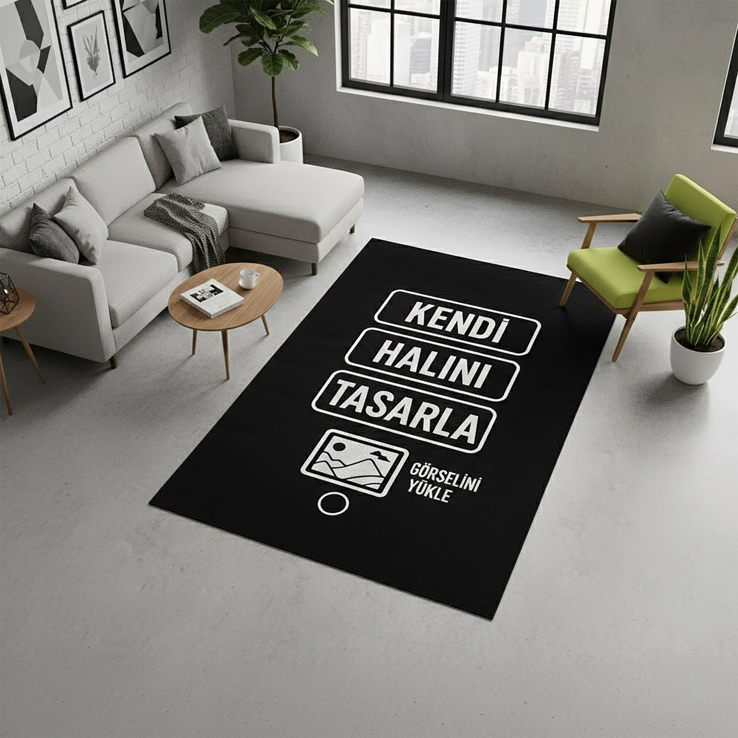 Müşterinin kendi görselini, fotoğrafını veya tasarımını yükleyerek tamamen kişiselleştirilebilir bir halı oluşturabileceğini anlatan özel listeleme görseli; kullanıcıya özgü ölçü, tasarım ve baskı seçenekleriyle bireysel zevke göre halı üretim amacını net şekilde yansıtan tanıtım içeriği.