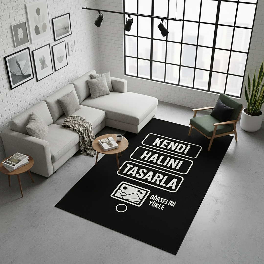 Müşterinin kendi görselini, fotoğrafını veya tasarımını yükleyerek tamamen kişiselleştirilebilir bir halı oluşturabileceğini anlatan özel listeleme görseli; kullanıcıya özgü ölçü, tasarım ve baskı seçenekleriyle bireysel zevke göre halı üretim amacını net şekilde yansıtan tanıtım içeriği.