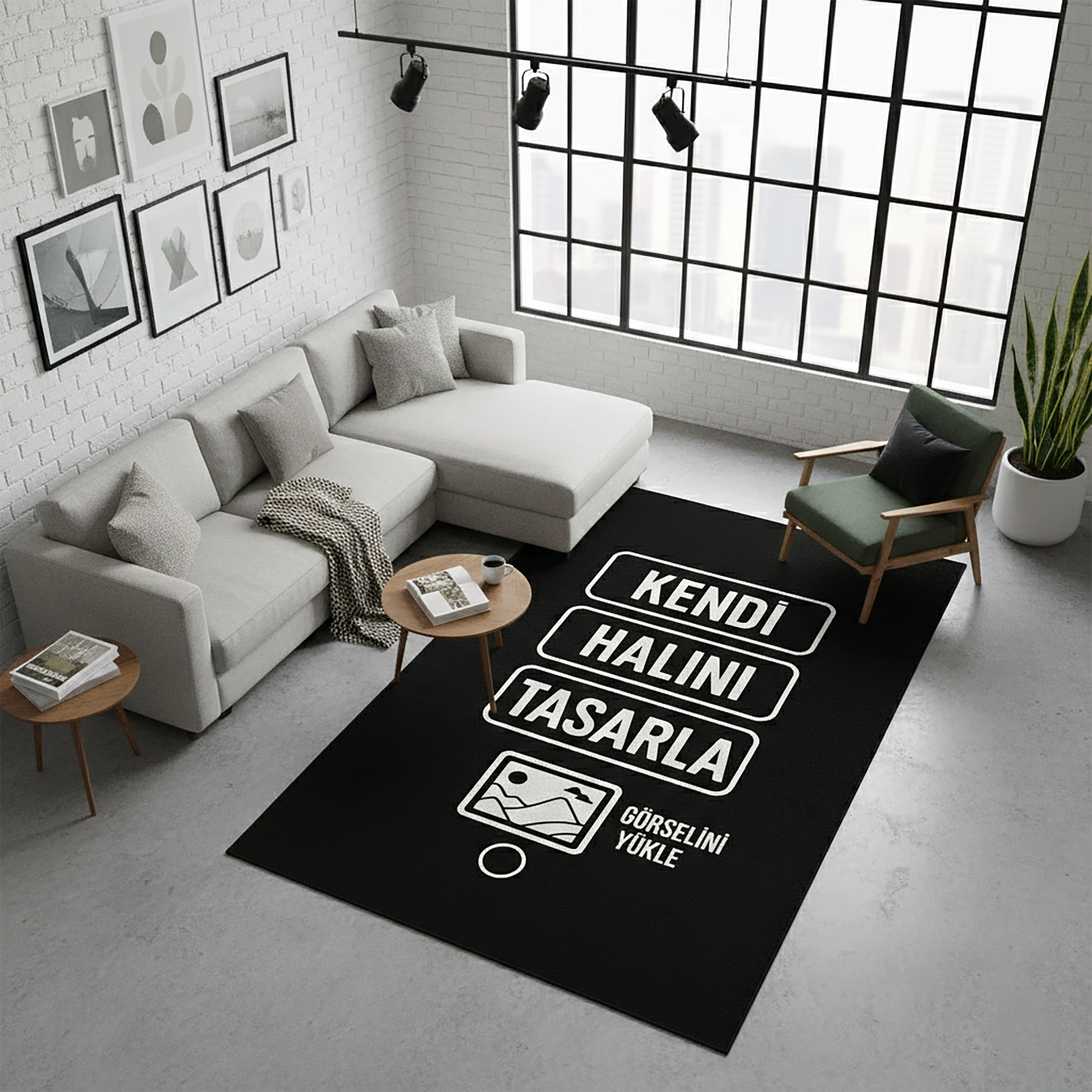 Müşterinin kendi görselini, fotoğrafını veya tasarımını yükleyerek tamamen kişiselleştirilebilir bir halı oluşturabileceğini anlatan özel listeleme görseli; kullanıcıya özgü ölçü, tasarım ve baskı seçenekleriyle bireysel zevke göre halı üretim amacını net şekilde yansıtan tanıtım içeriği.