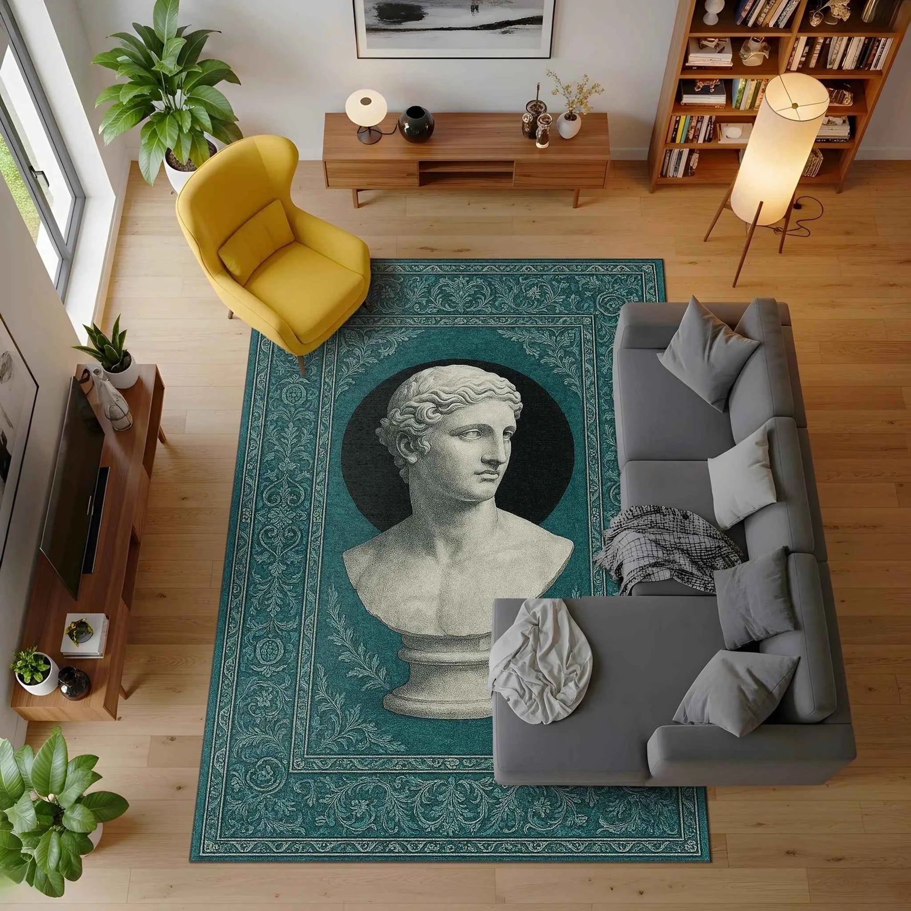 Klasik Heykel Büst Desenli Turkuaz Vintage Halı