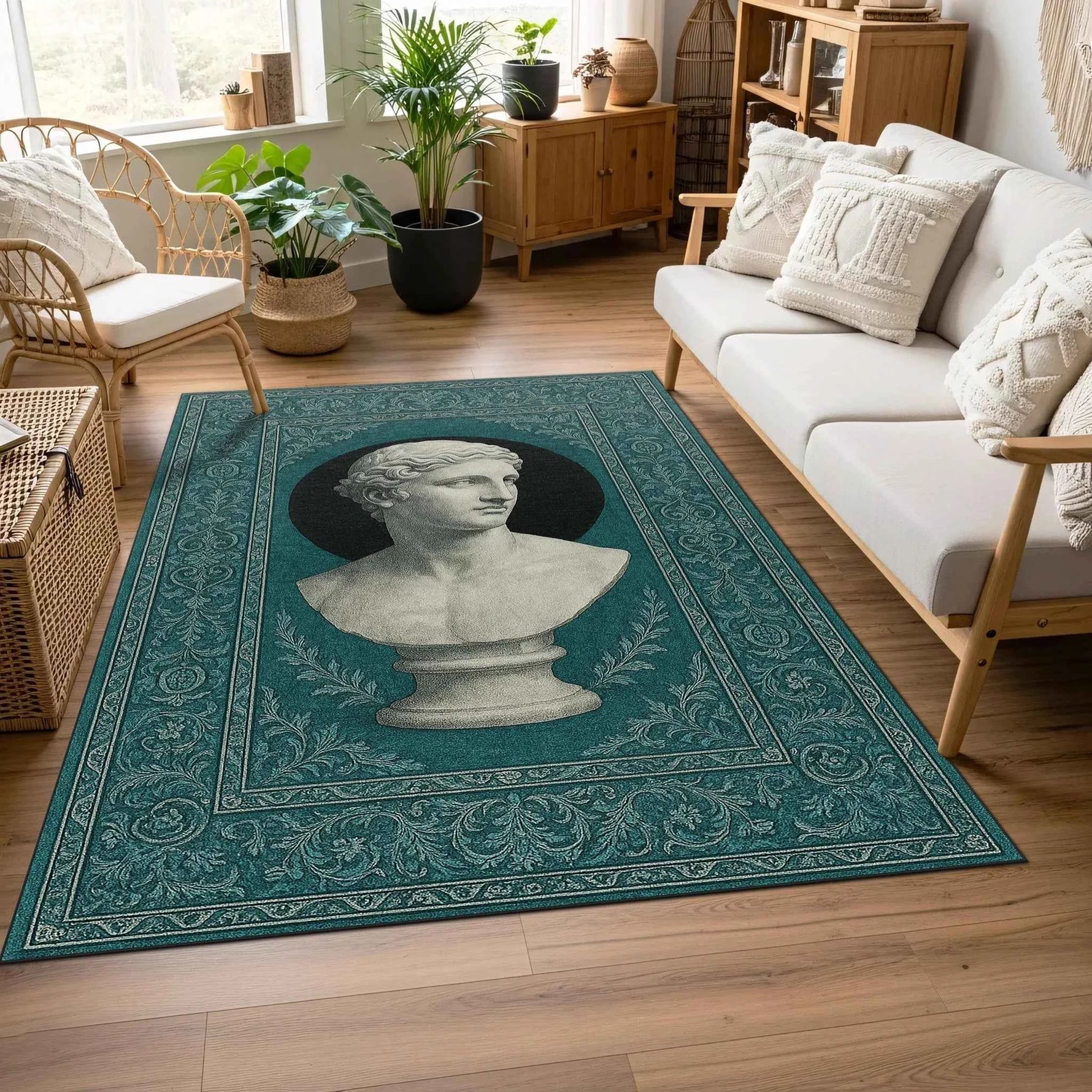 Klasik Heykel Büst Desenli Turkuaz Vintage Halı
