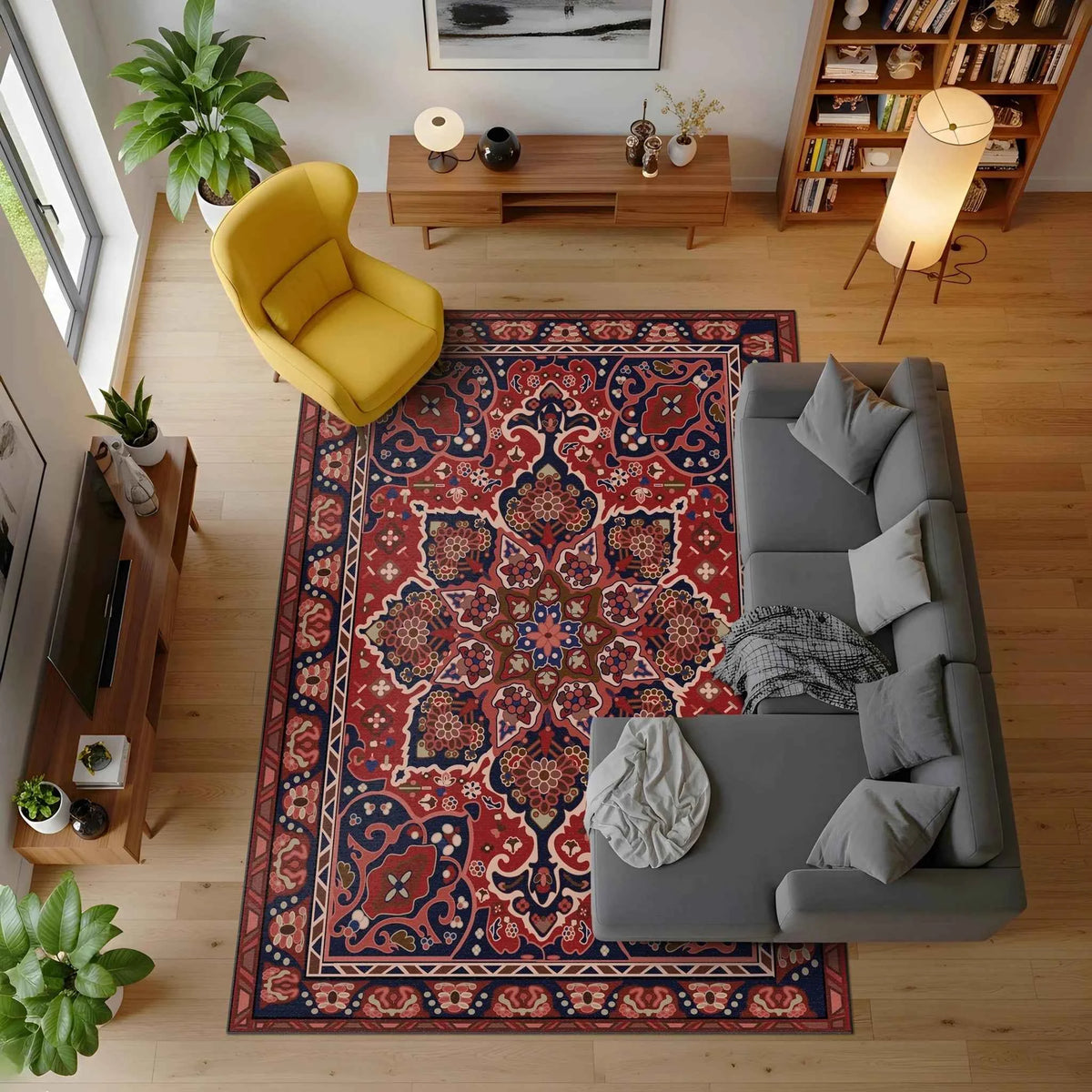 Kırmızı ve Lacivert Geleneksel Çiçek Desenli Salon Halısı