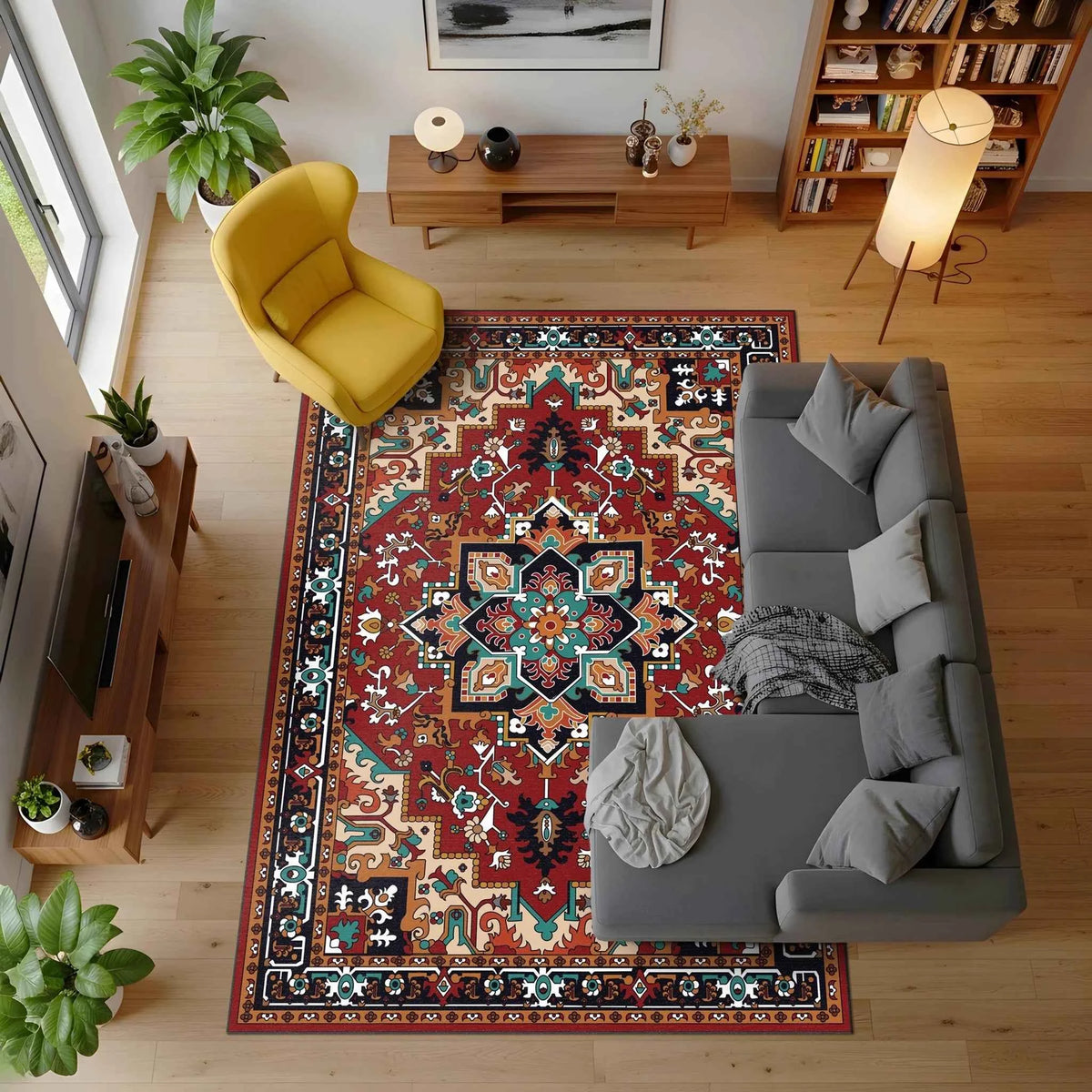 Kırmızı Geometrik Desenli ve Madalyonlu İran Tarzı Klasik Halı