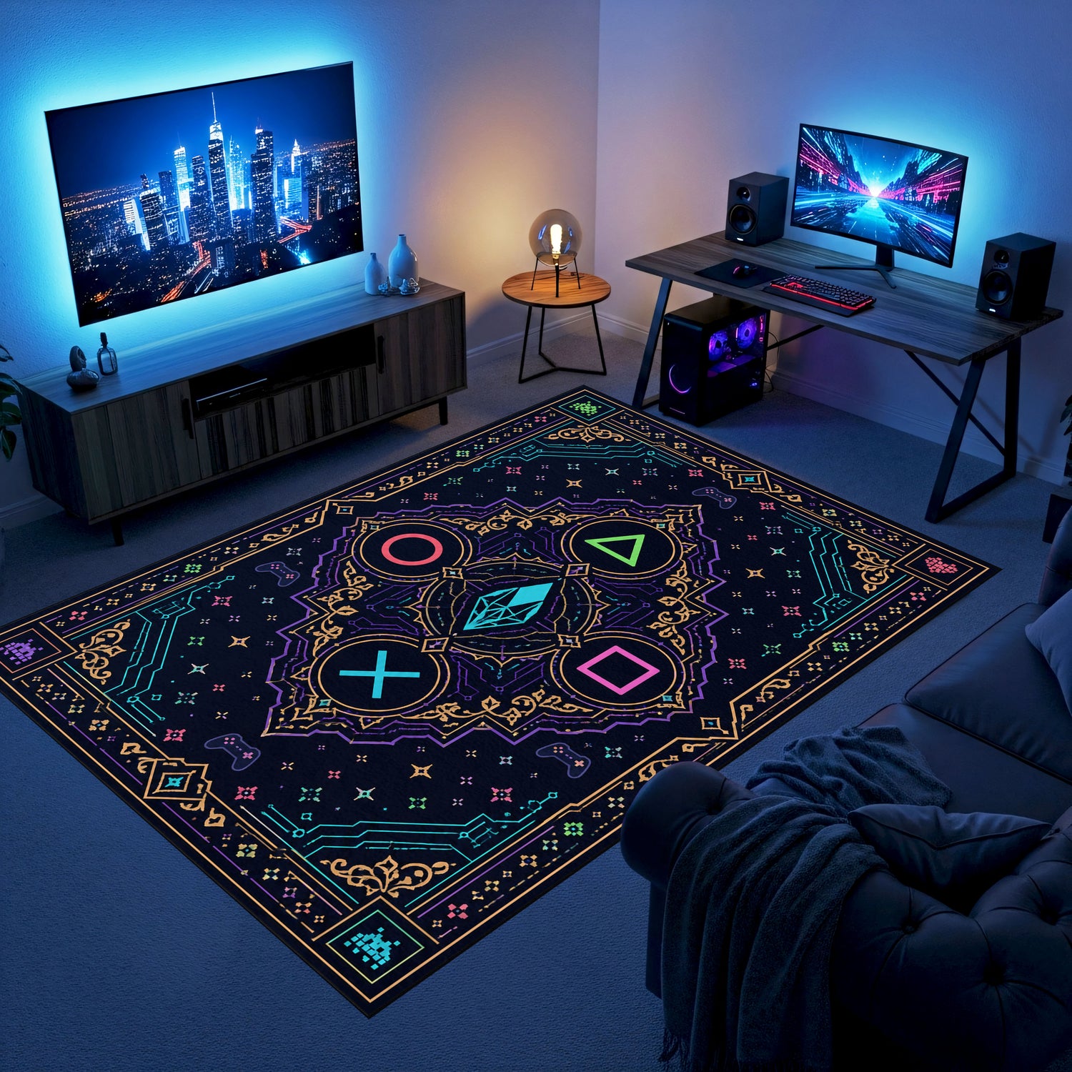 Konsol Tuş Gaming Halısı | Neon Semboller Siyah Zemin
