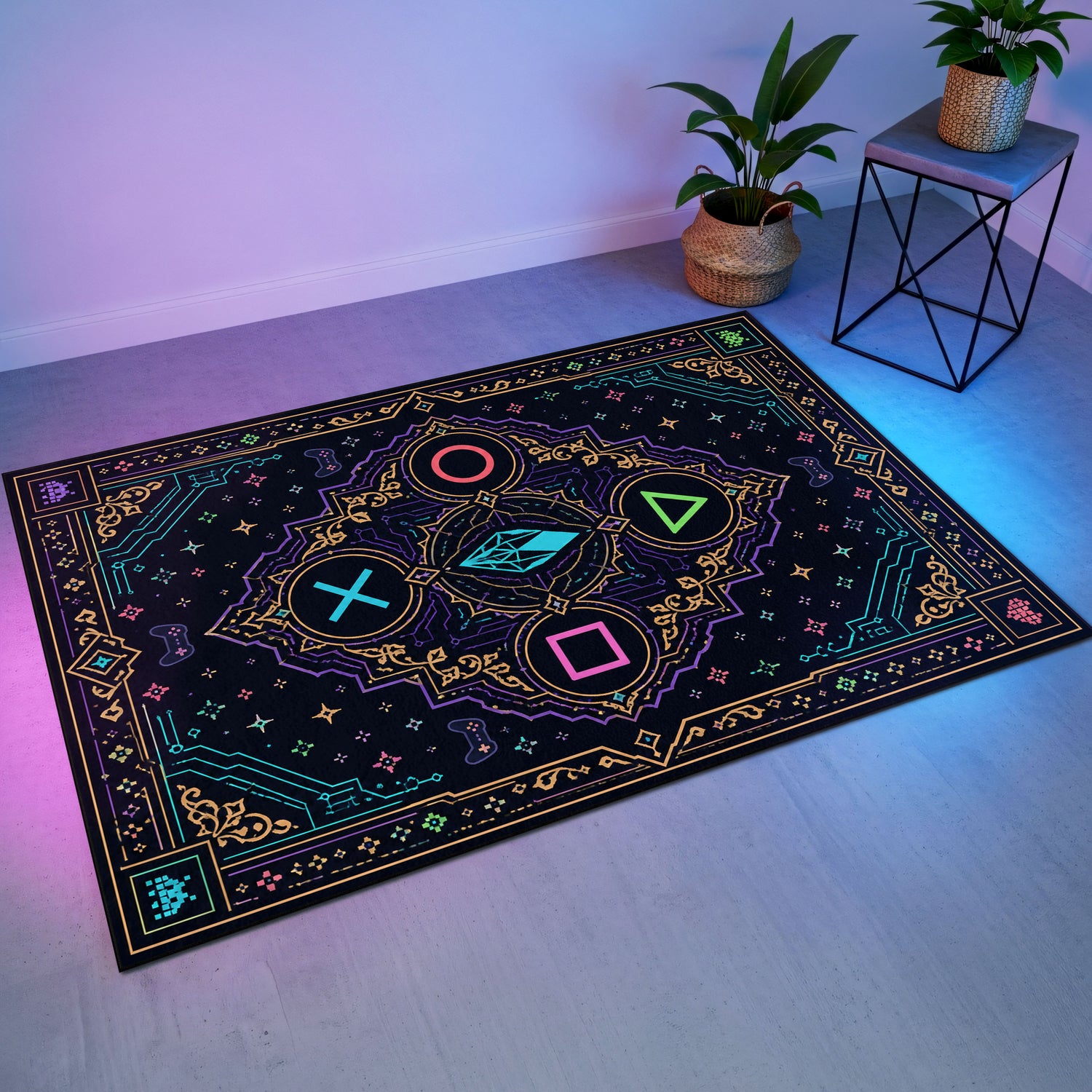 Konsol Tuş Gaming Halısı | Neon Semboller Siyah Zemin