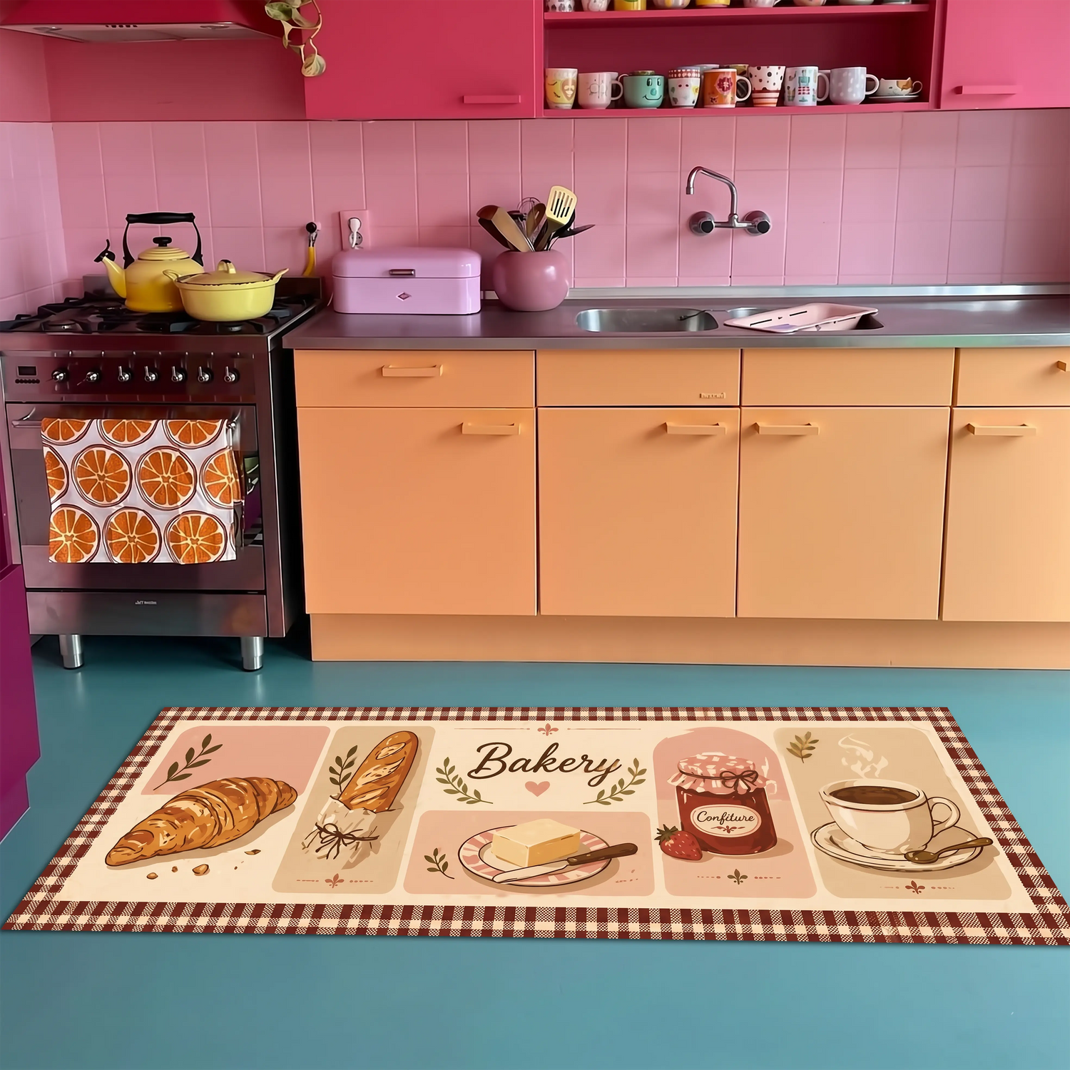 Bakery Mutfak Halısı – Kruvasan Ekmek Kahve Desenli Halı