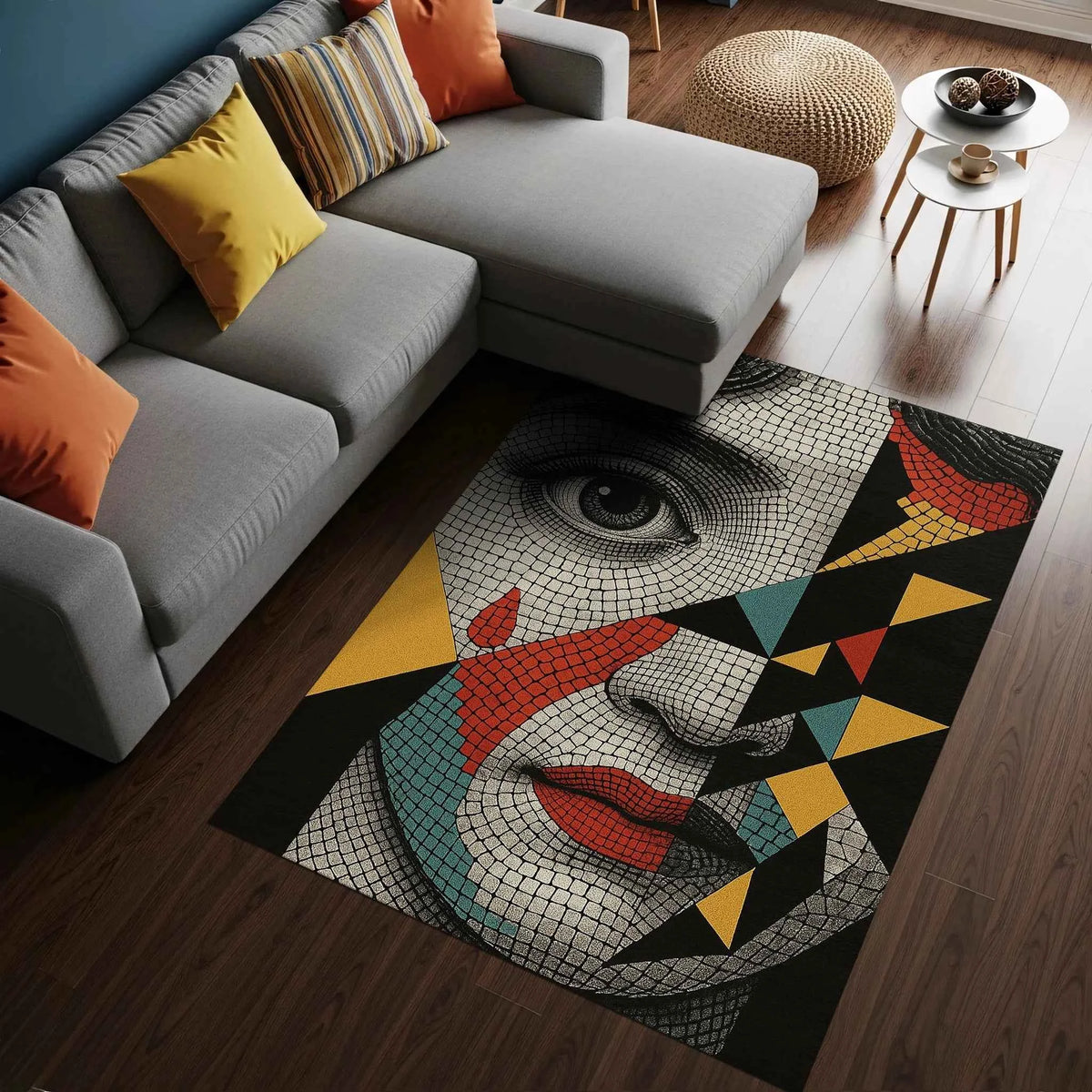 Mozaik Portre ve Geometrik Desenli Sanatsal Modern Halı