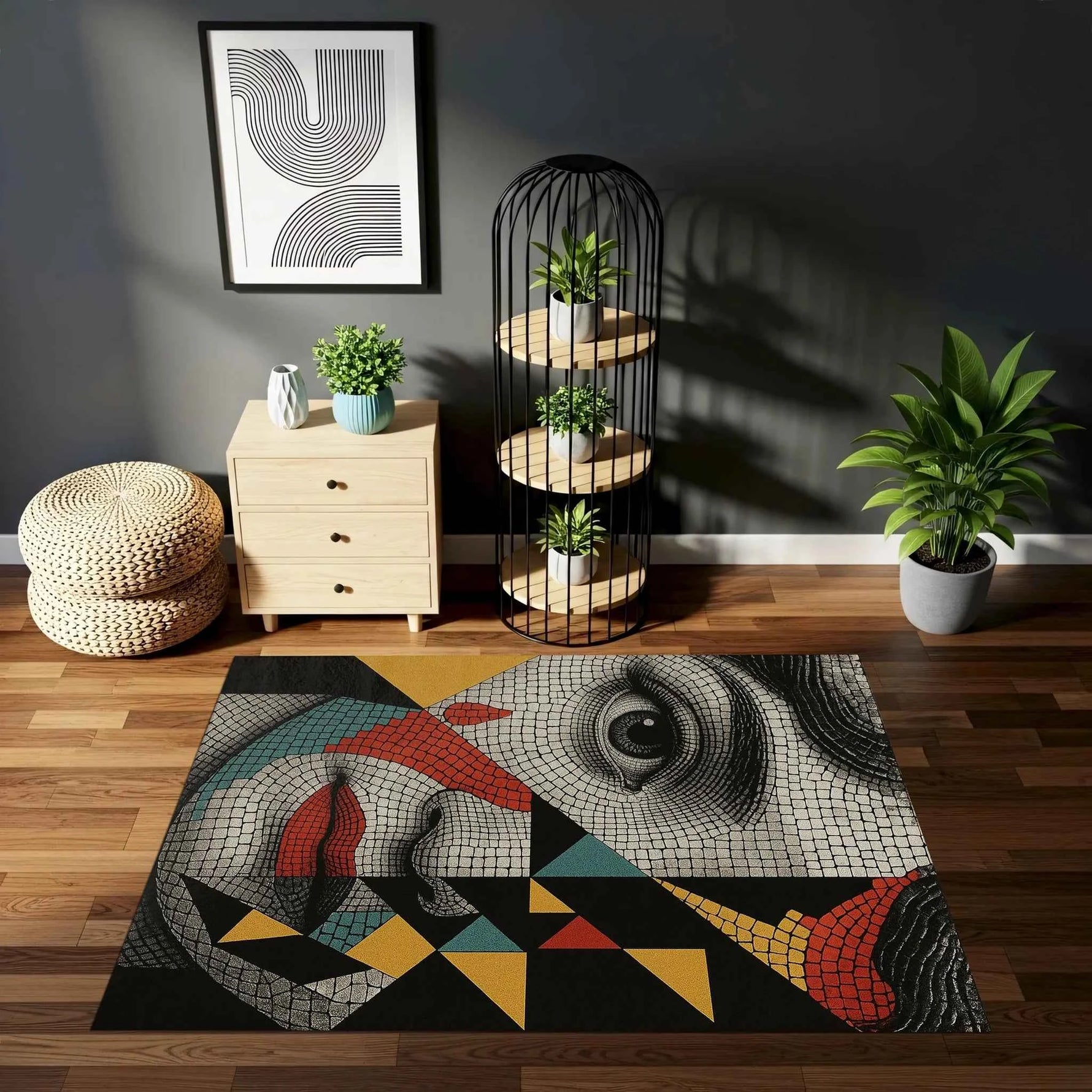 Mozaik Portre ve Geometrik Desenli Sanatsal Modern Halı